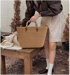 Women'S Tote Bag with Bamboo-Inspired Resin Handles Large Straw Tote Bag Woven Handbag Shoulder Bag for Vacation