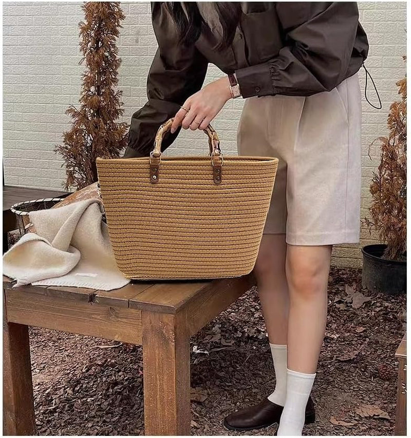 Women'S Tote Bag with Bamboo-Inspired Resin Handles Large Straw Tote Bag Woven Handbag Shoulder Bag for Vacation