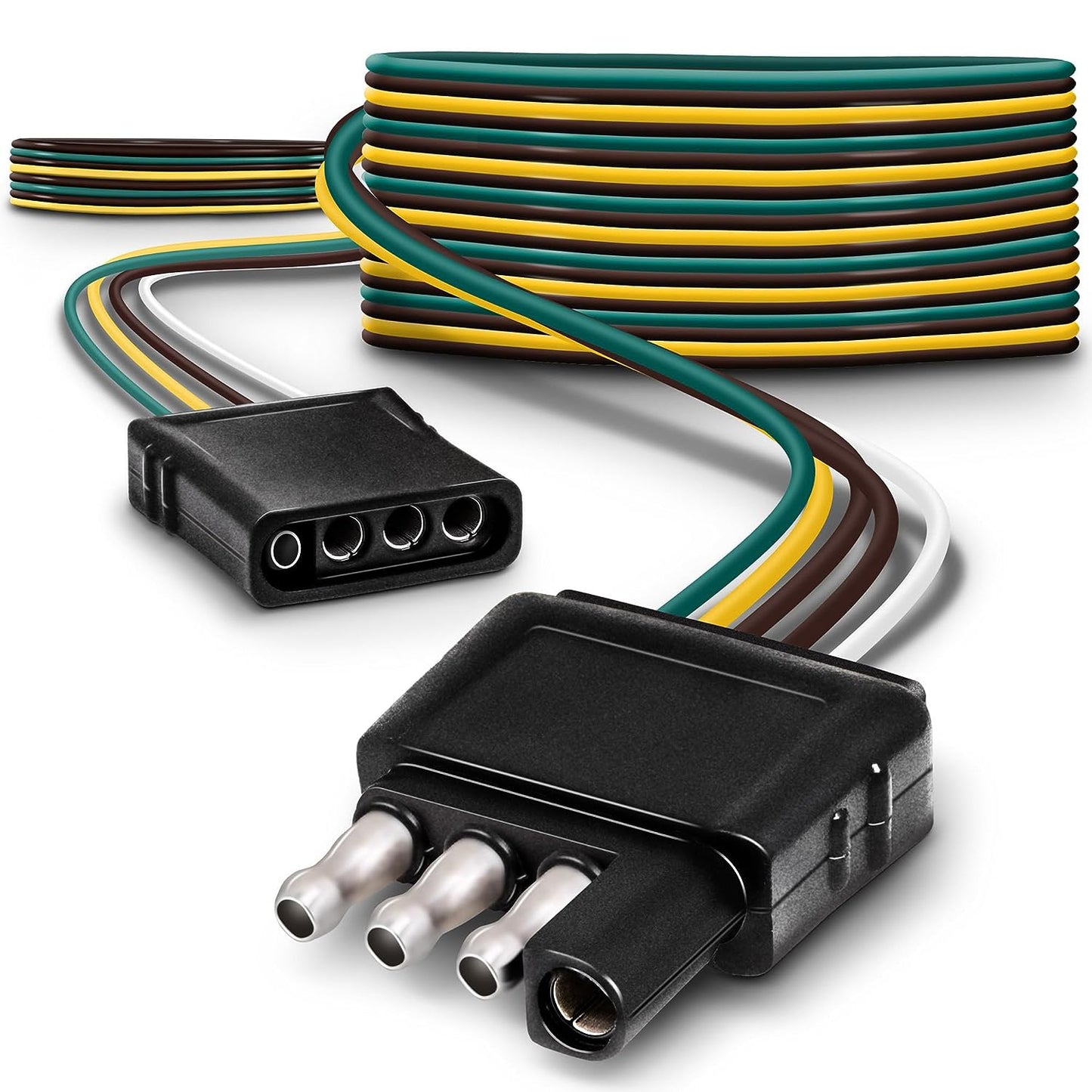 True Mods 4 Pin Flat Trailer Light Wiring Harness Kit [Wishbone-Style] [SAE J1128 Rated] [25' Male & 4' Female] [18 AWG Color Coded Wires] 4 Way Flat 5 Wire Harness for Utility Boat Lights