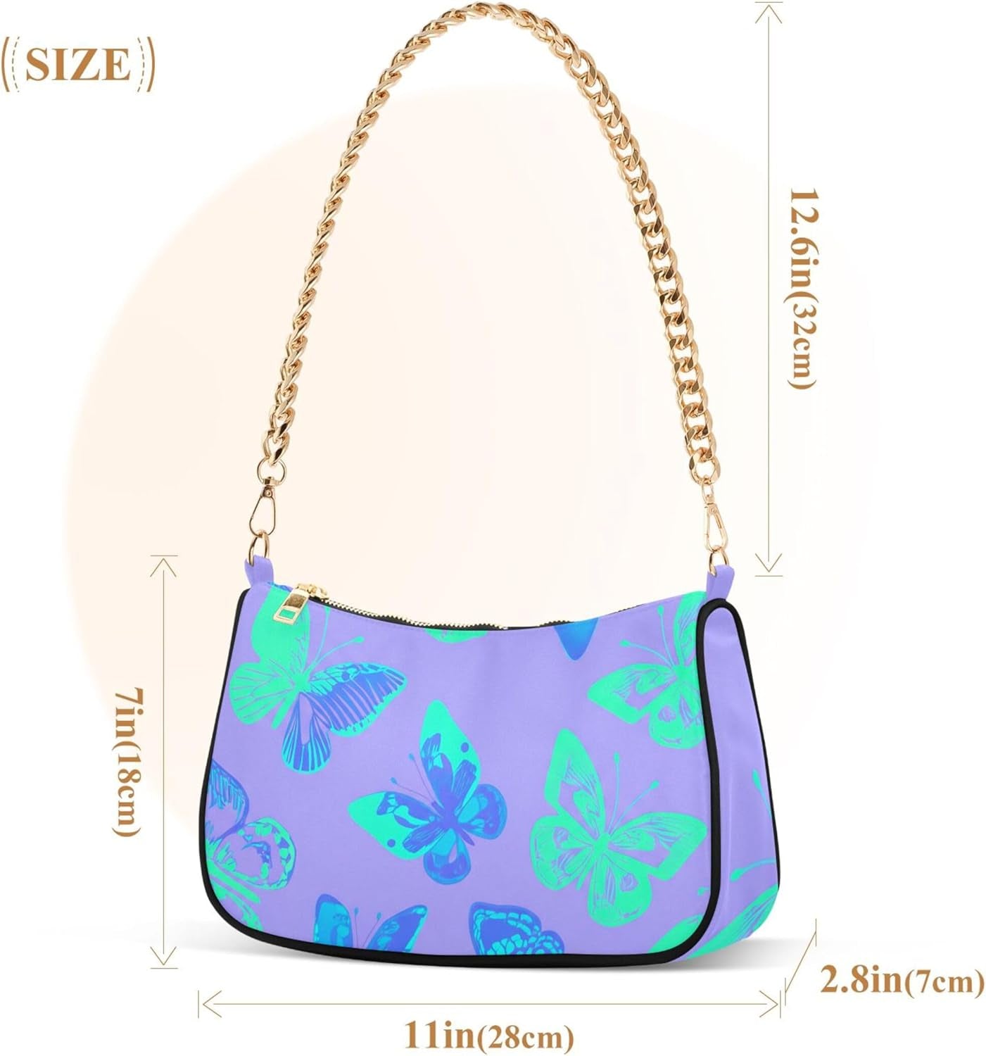 Blue Turquoise Butterflies Purple Aesthetic Shoulder Bag for Women Classic Purse Hobo Totes Colorful Tote Handbags Zipper Closure