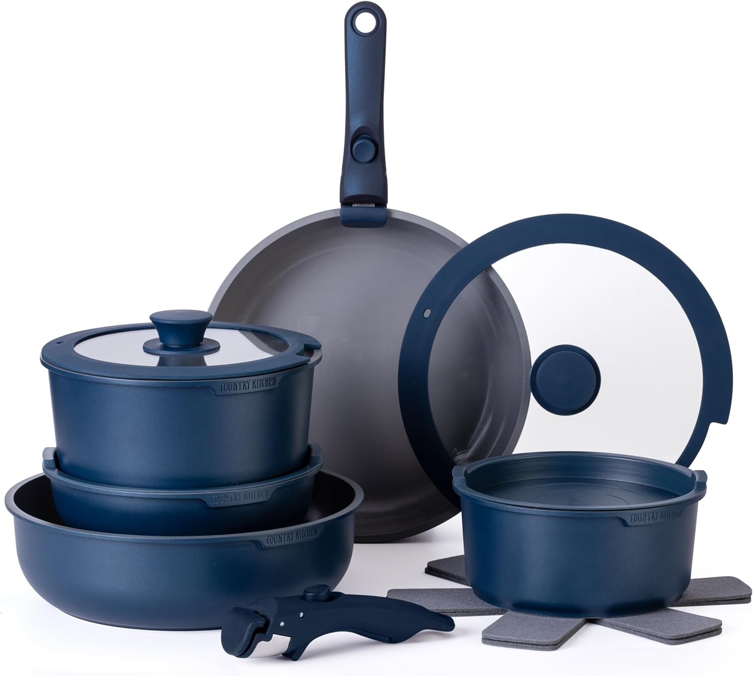 Country Kitchen 16 Piece Pots and Pans Set - Safe Healthy Ceramic Coatingnonstick Kitchen Cookware with Soft Touch Removable Handle, RV Cookware Set, Oven Safe (Denim)