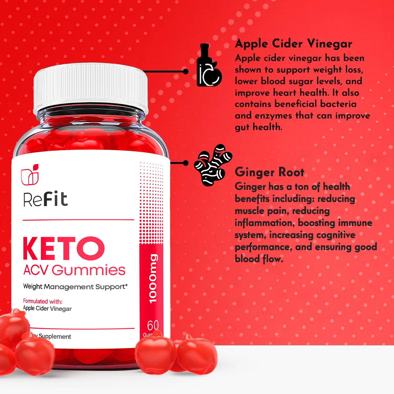 (1 Pack) Refit Keto Gummies - Refit ACV Keto Gummies Weight Loss, Vegan-60 Gums