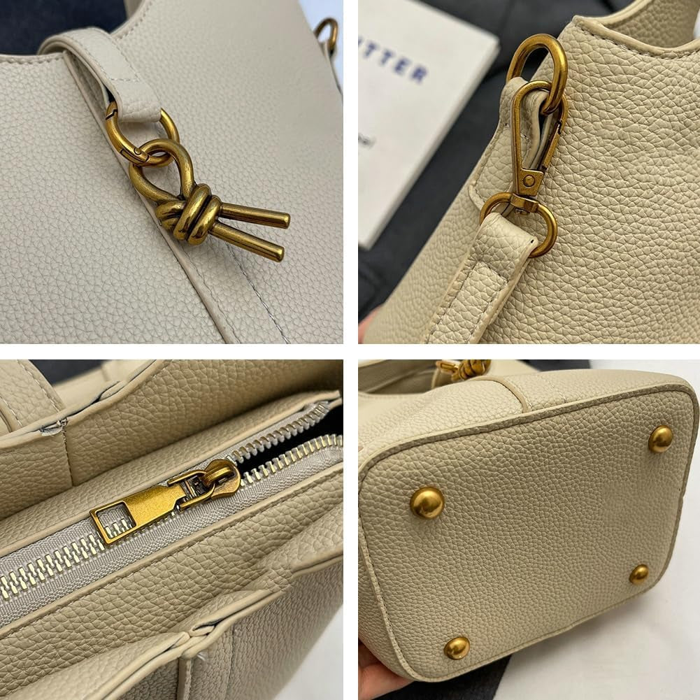 Women Bucket Bags PU Leather Hobo Bag Fashion Shoulder Crossbody Vintage Tote Small Handabg Purse (Beige, W23*H15*D13 Cm)