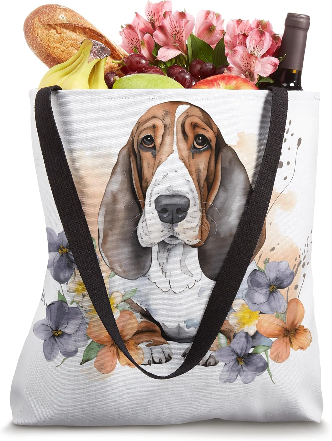 Bassett Hound Sweet Watercolor Floral Dog Bassett Hound Tote Bag