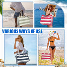 10 Pcs Canvas Tote Bags Bulk for Women Canvas 17 X 12 X 8 Inch Waterproof Stripe Sandproof Large Beach Tote Bags with Handle for Wedding Bridesmaid Birthday Summer