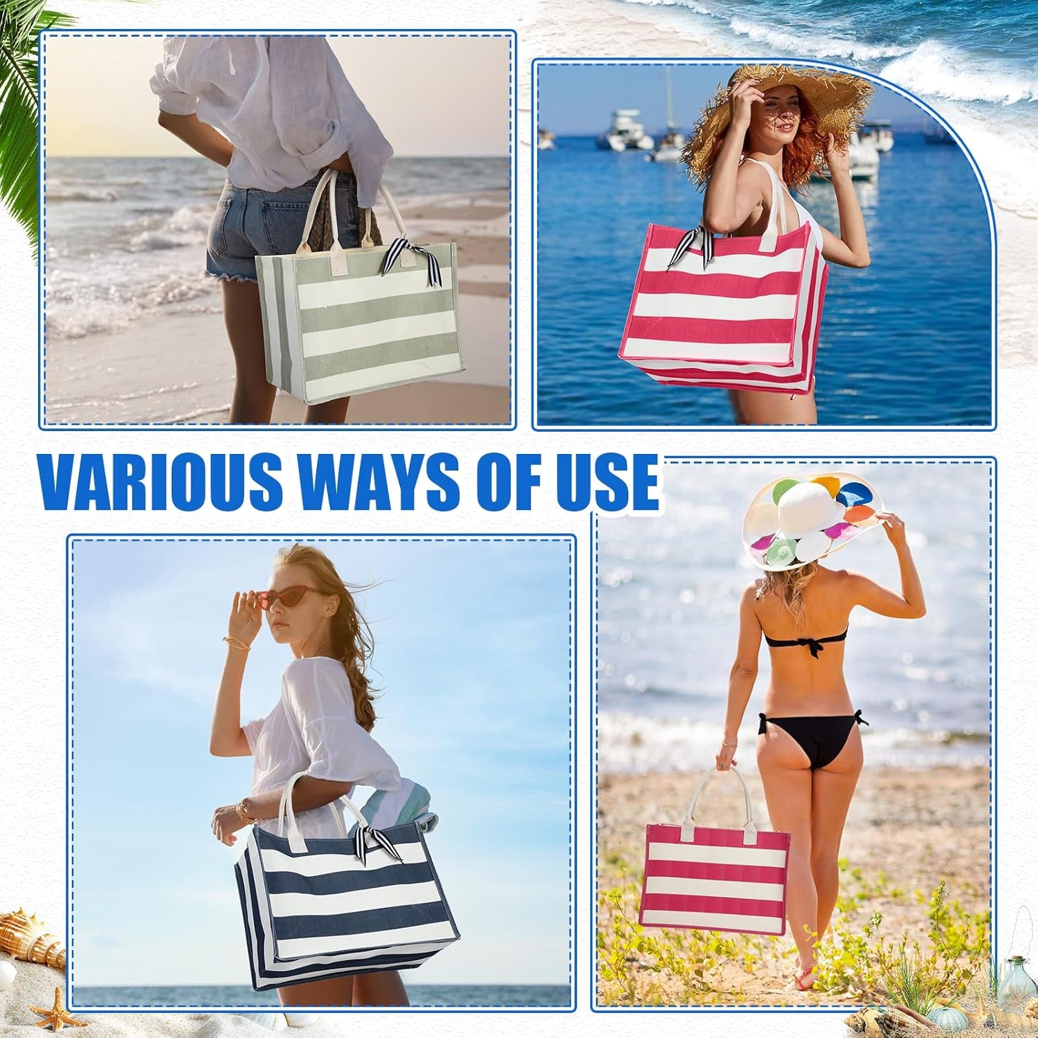 10 Pcs Canvas Tote Bags Bulk for Women Canvas 17 X 12 X 8 Inch Waterproof Stripe Sandproof Large Beach Tote Bags with Handle for Wedding Bridesmaid Birthday Summer