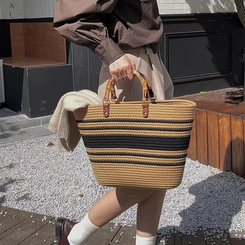 Women'S Tote Bag with Bamboo-Inspired Resin Handles Large Straw Tote Bag Woven Handbag Shoulder Bag for Vacation