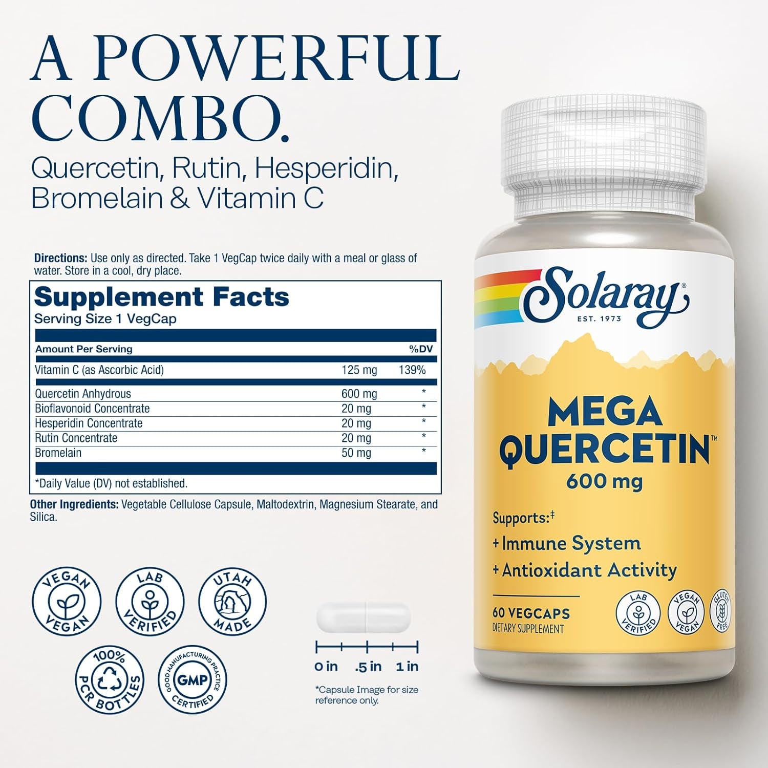 SOLARAY Mega Quercetin with Bromelain, Vitamin C and Bioflavonoids - Antioxidant and Immune Support Supplement, Hearth Health and Blood Pressure Support - Vegan, 60-Day Guarantee, 60 Serv, 60 Vegcaps