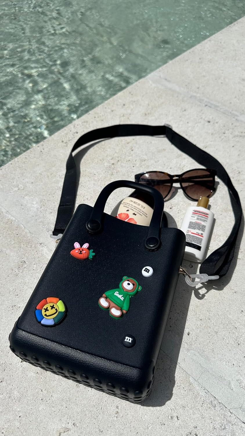 Waterproof Silicone Mini Beach Tote Bag with Charms Small Washable EVA Crossbody Purse for Girls & Women Adjustable Strap