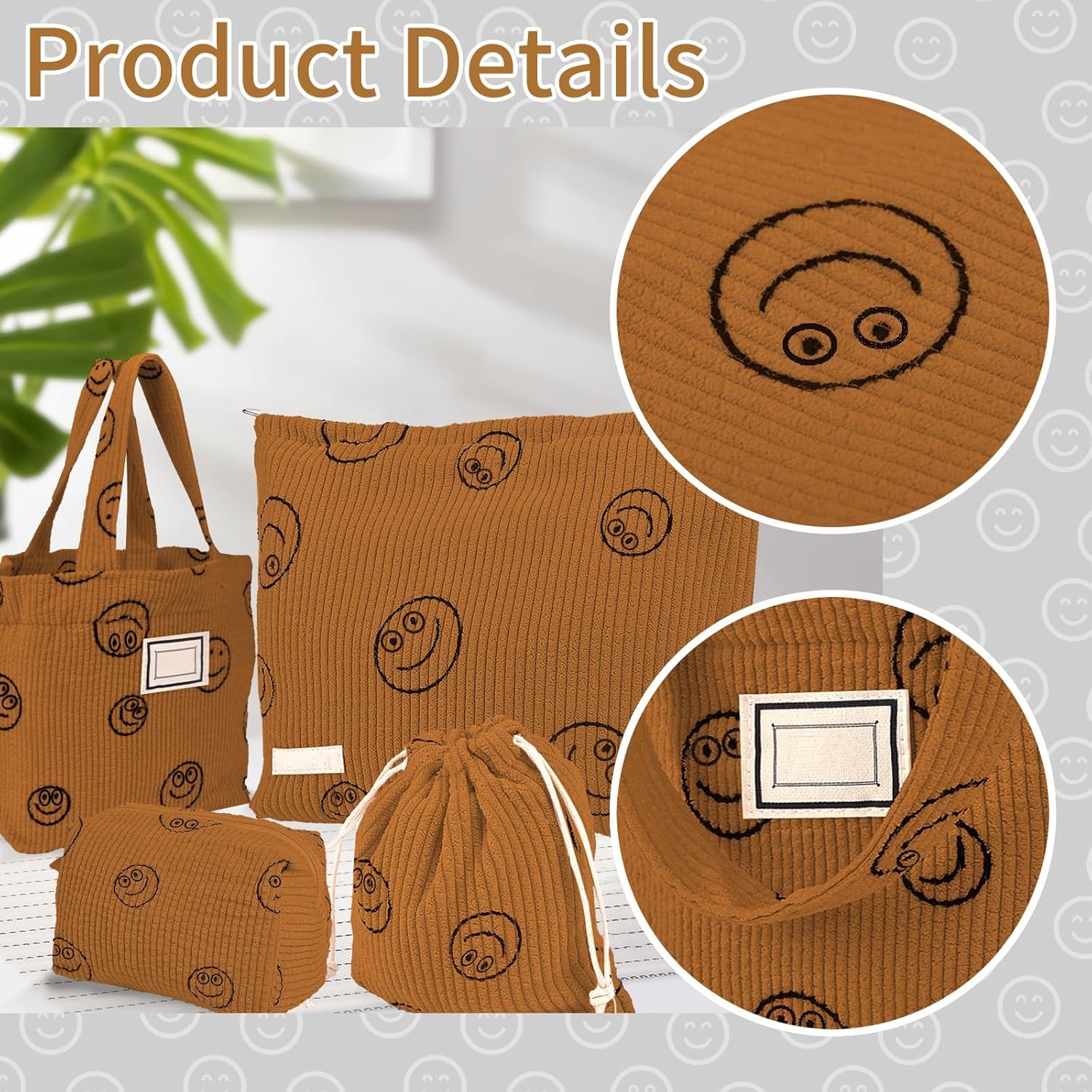 4 Pcs Corduroy Cosmetic Bag, Lovely Face Capacity Toiletry Bag, Aesthetic Preppy Makeup Bags, Corduroy Tote Bag, Small Drawstring Makeup Bag, Washable Toiletry Organizer Pouch