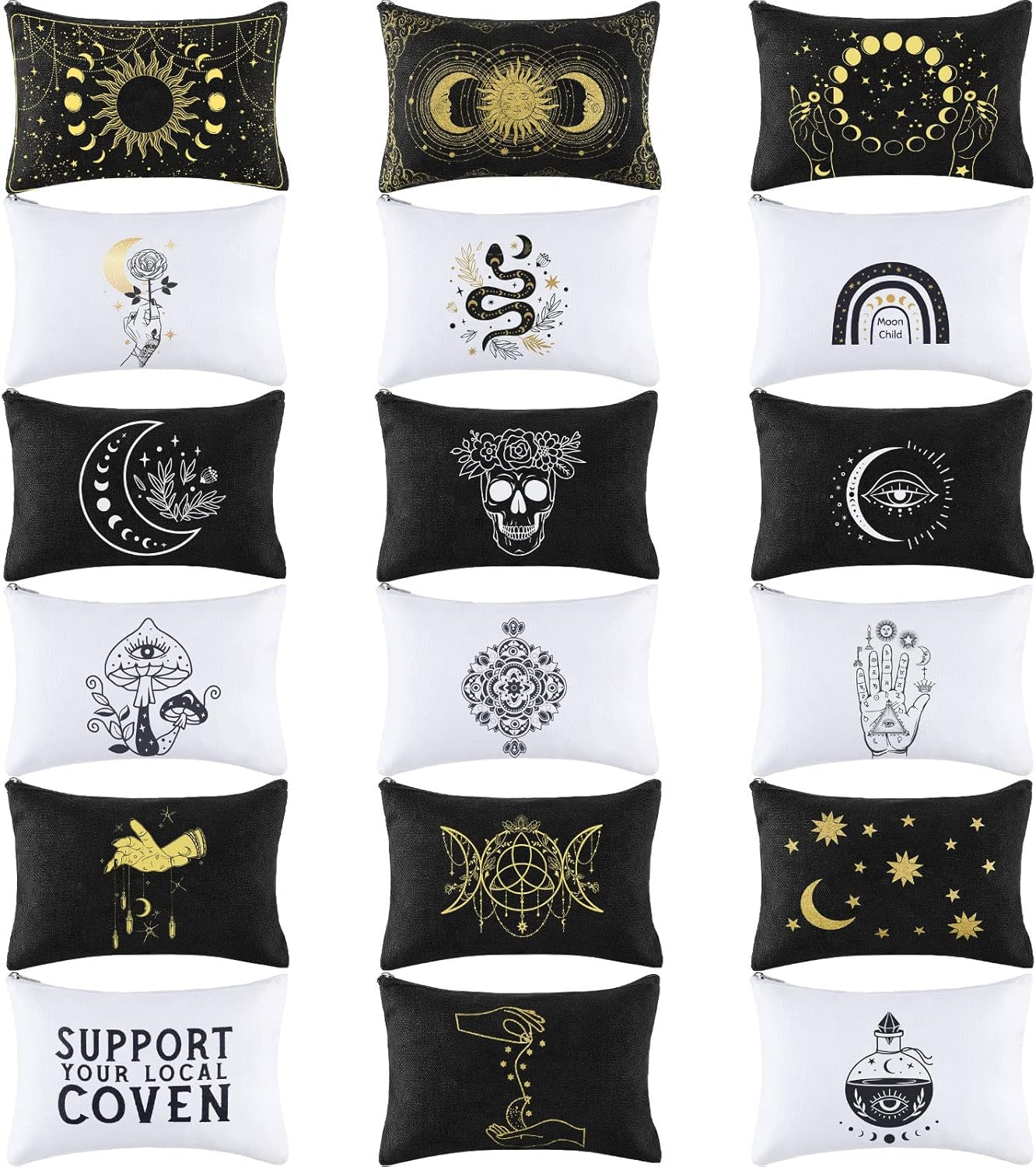 18 Pieces Moon Witch Zipper Pouch Bag Tarot Cards Phase Bag Witch Purse Gothic Aesthetic Canvas Makeup Bags Witchy Crystals Toiletry Bags Witchcraft Snake Cosmetic Bags for Women Girls