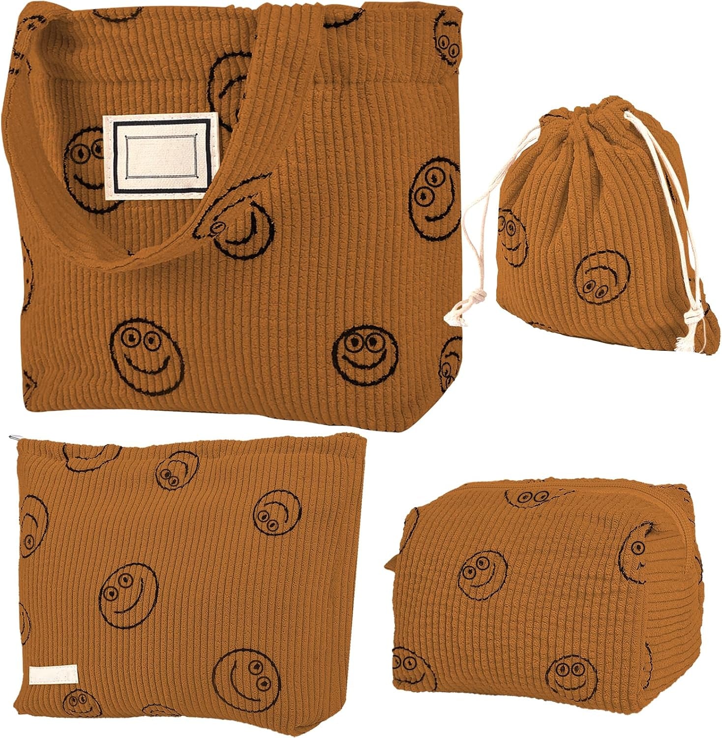 4 Pcs Corduroy Cosmetic Bag, Lovely Face Capacity Toiletry Bag, Aesthetic Preppy Makeup Bags, Corduroy Tote Bag, Small Drawstring Makeup Bag, Washable Toiletry Organizer Pouch