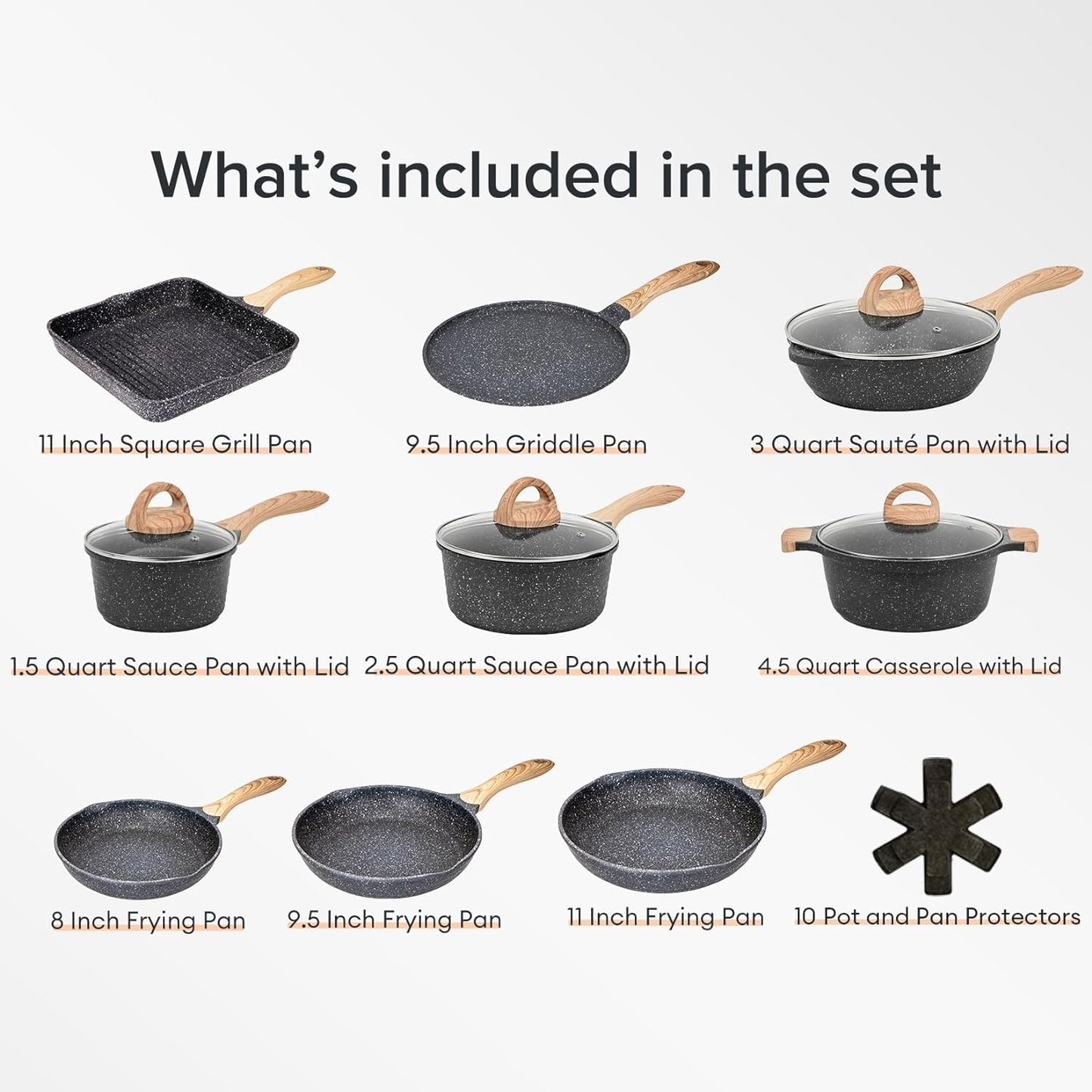 JEETEE Pots and Pans Set Nonstick 23Pcs, Healthy Kitchen Cookware Sets, Induction Cooking Set W/Gray Granite Stone Frying Pans, Saucepans, Sauté Pan, Griddle Pan & Crepe Pan (PFOA Free)