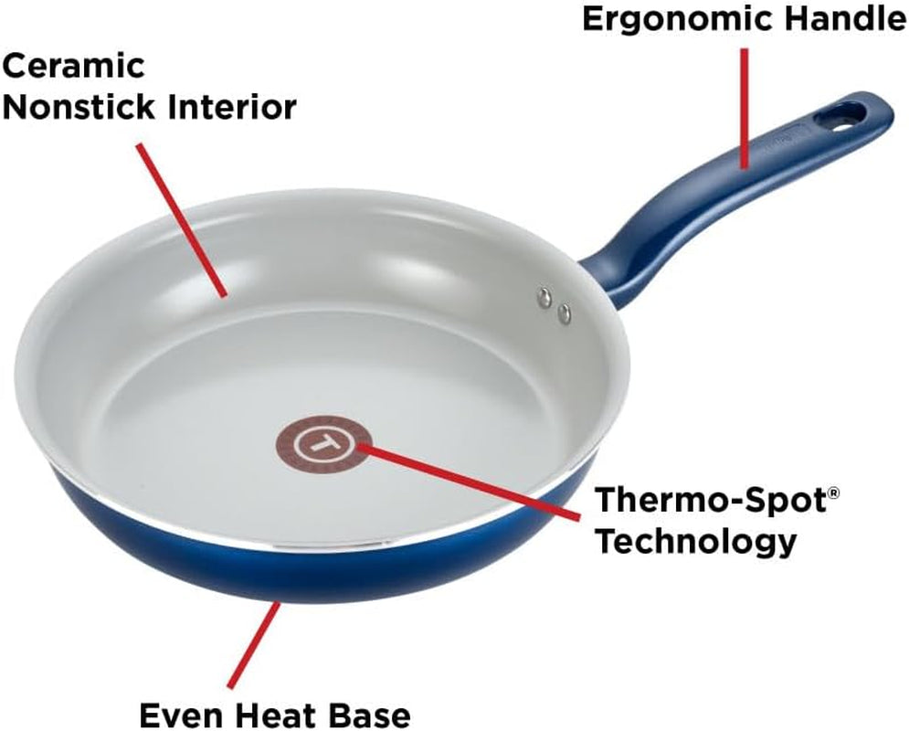 T-Fal Initiatives Ceramic Nonstick Cookware Set 14 Piece Oven Safe 350F Pots and Pans Blue