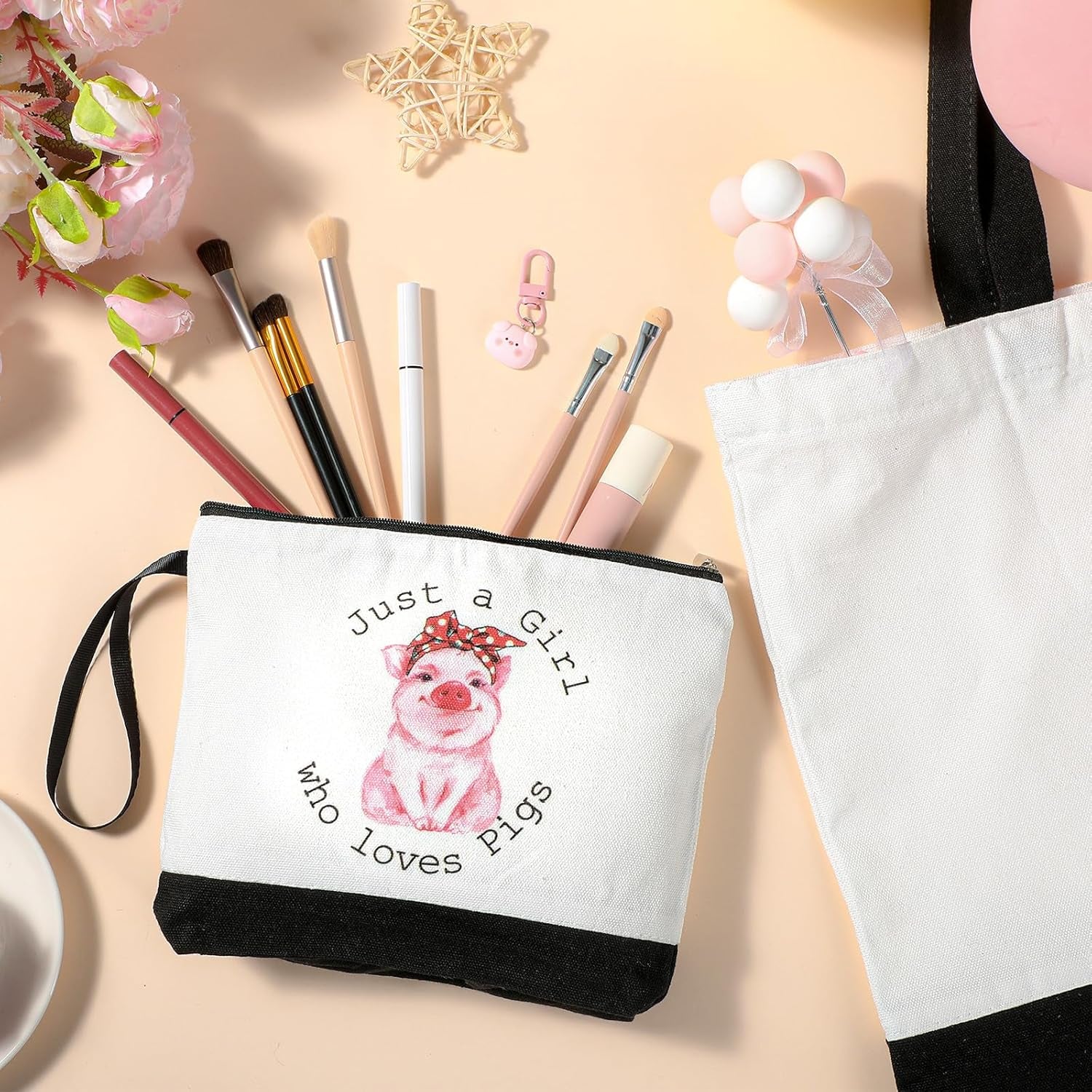 3 Pcs Pigs Lover Gift for Women Pink Pig Canvas Tote Bag Travel Cosmetic Bags Keychain Portable Makeup Zipper Pouch with Handle Funny Piggy Shopping Birthday Vbs Housekeepers Week Gift