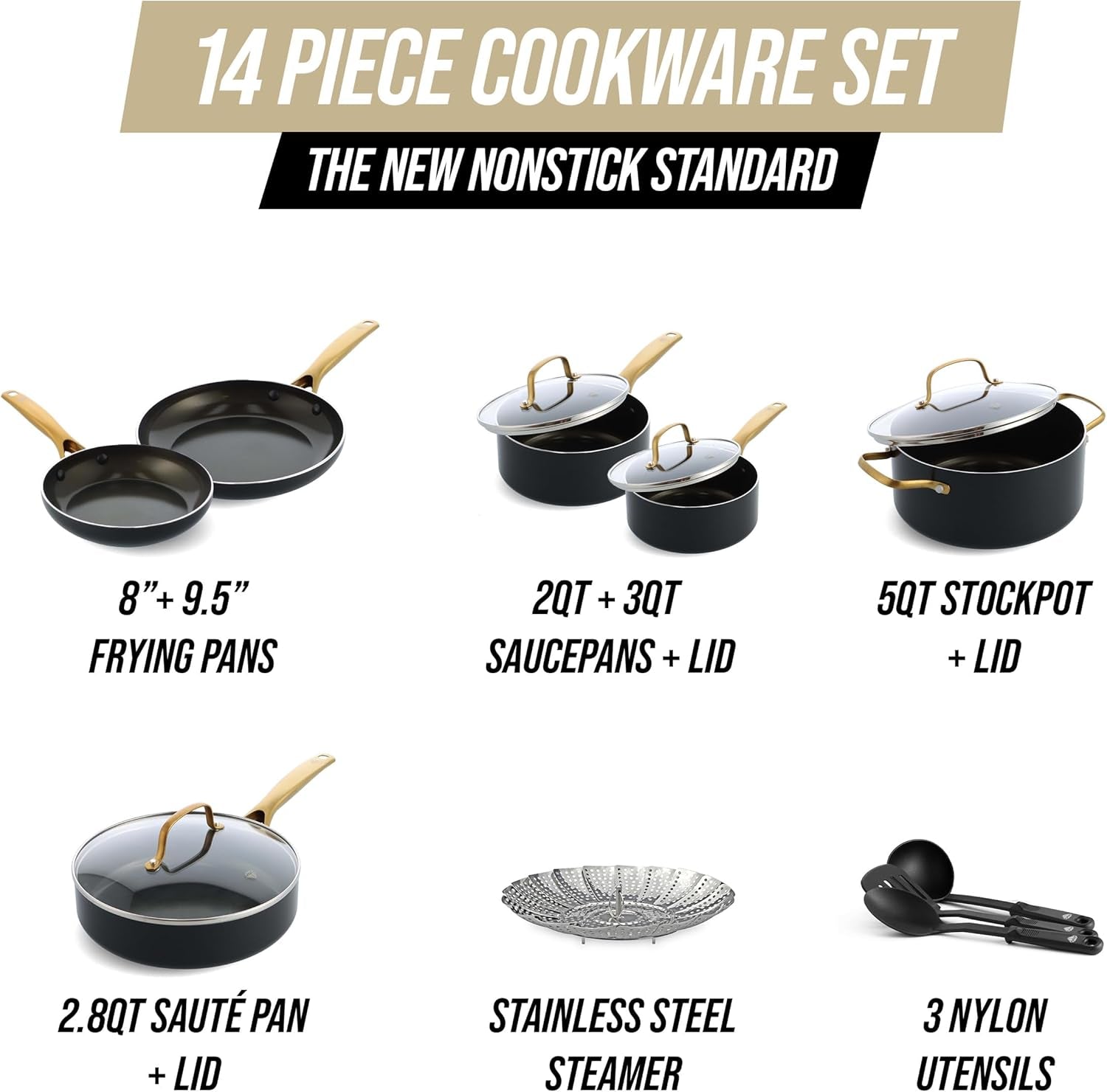 Blue Diamond Gold 14 Piece Cookware Pots and Pans Set, Induction Suitable, Diamond Infused Pfoa/Pfas-Free Ceramic Nonstick, Durable Metal Utensil Safe, Dishwasher Safe, Gold Handle, Black