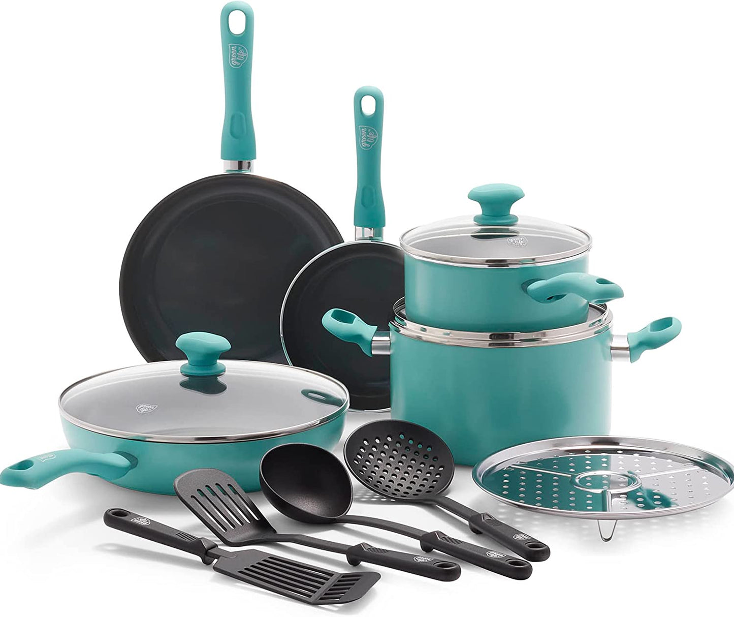 Greenlife Soft Grip Diamond Healthy Ceramic Nonstick 13 Piece Cookware Pots and Pans Set, Pfas-Free, Dishwasher Safe, Turquoise, Diamond Cookware