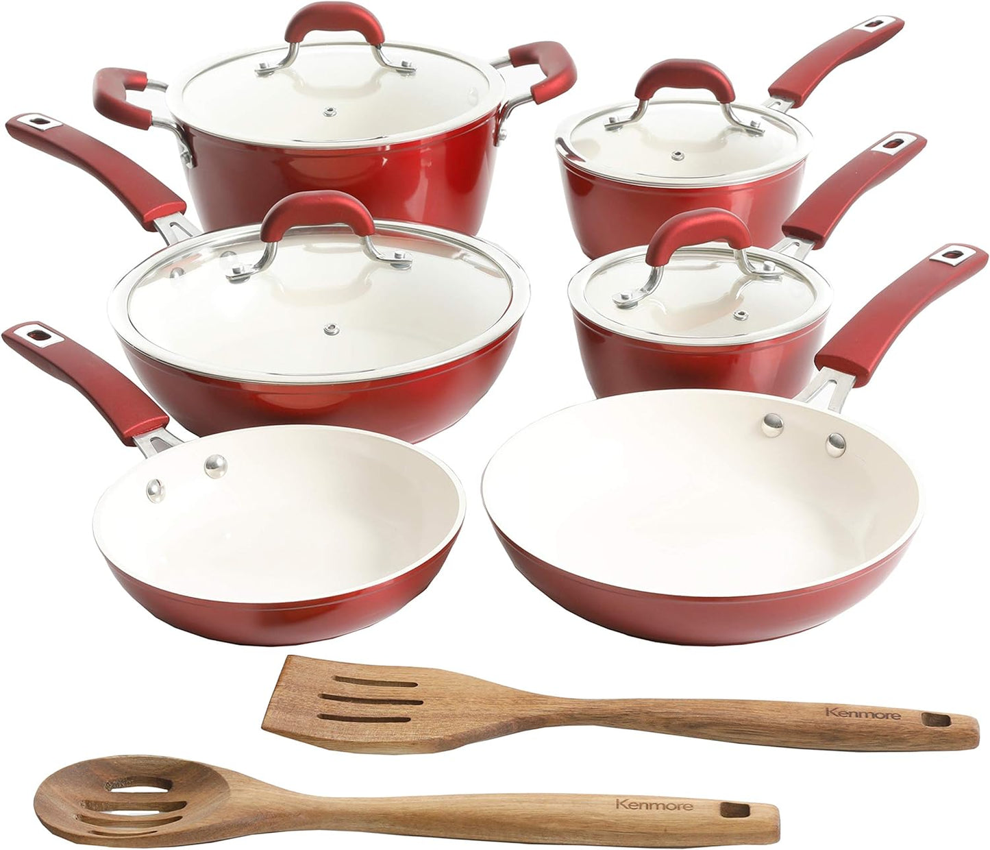 Kenmore Arlington Healthy Nonstick Ceramic Coated Forged Aluminum Induction Cookware, 12-Piece, Metallic Red