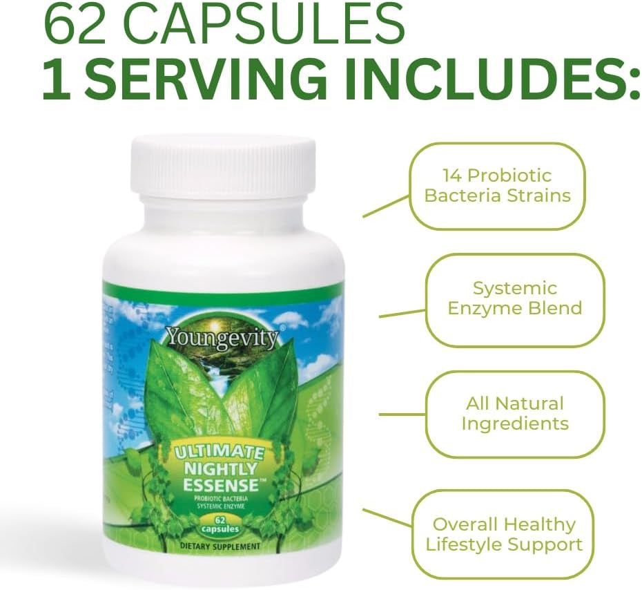 Youngevity Ultimate Nightly Essense - Probiotics with Enzymes - 14 + Strains - Systemic Enzymes - Cutting Edge - 62 Capsules (Pack of 1)