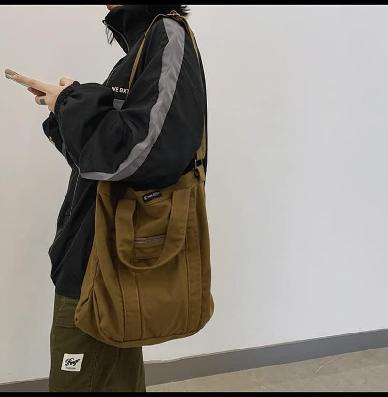 Unisex Retro Crossbody Bag Canvas Large Capacity Purse Vintage Fairy Grunge Hobo Tote Bag Multiple Pockets Handbag (Brown)