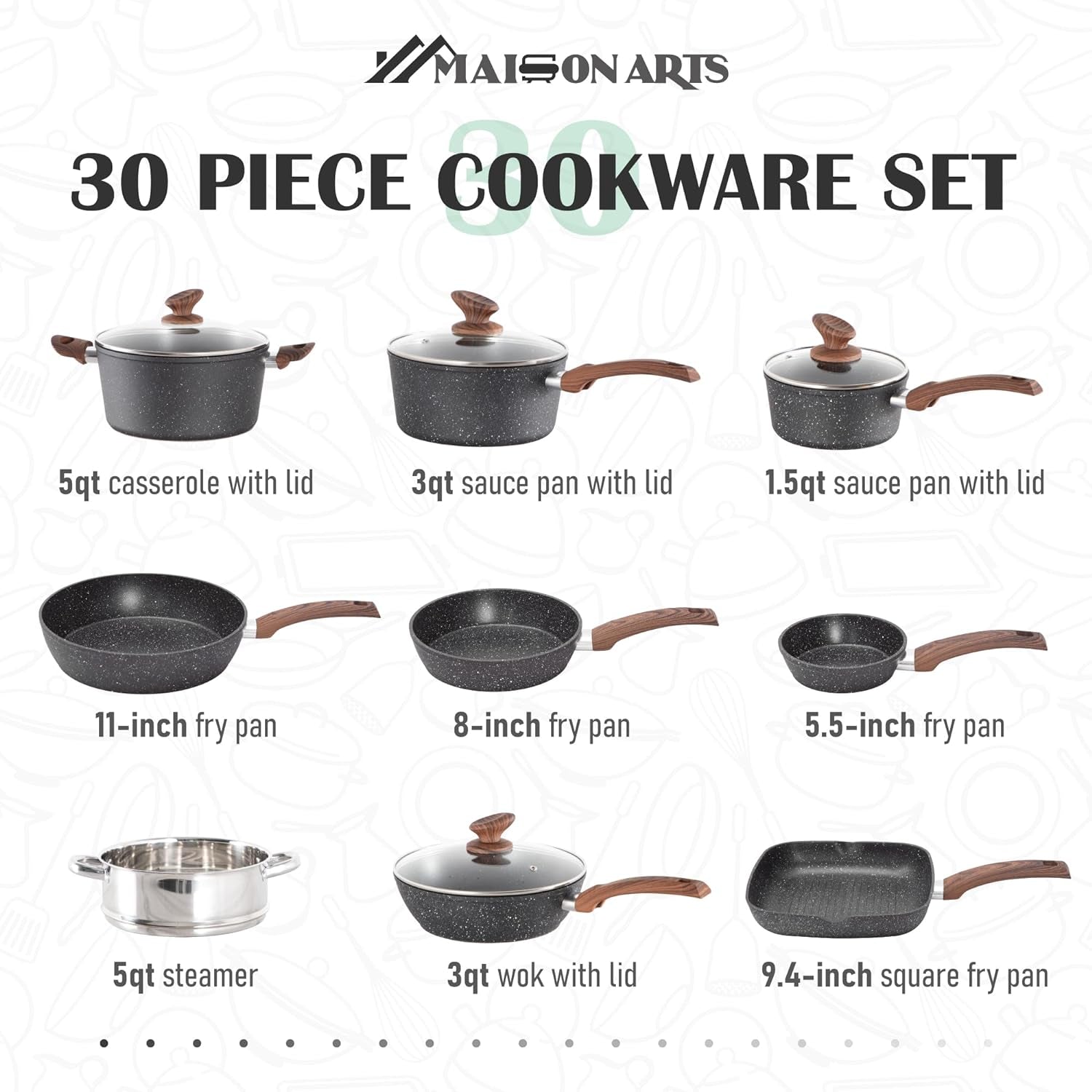 MAISON ARTS 30-Piece Pots and Pans Set - Kitchen Cookware & Bakeware Sets with Nonstick Granite Coating, Baking Pans and Frying Pans Set