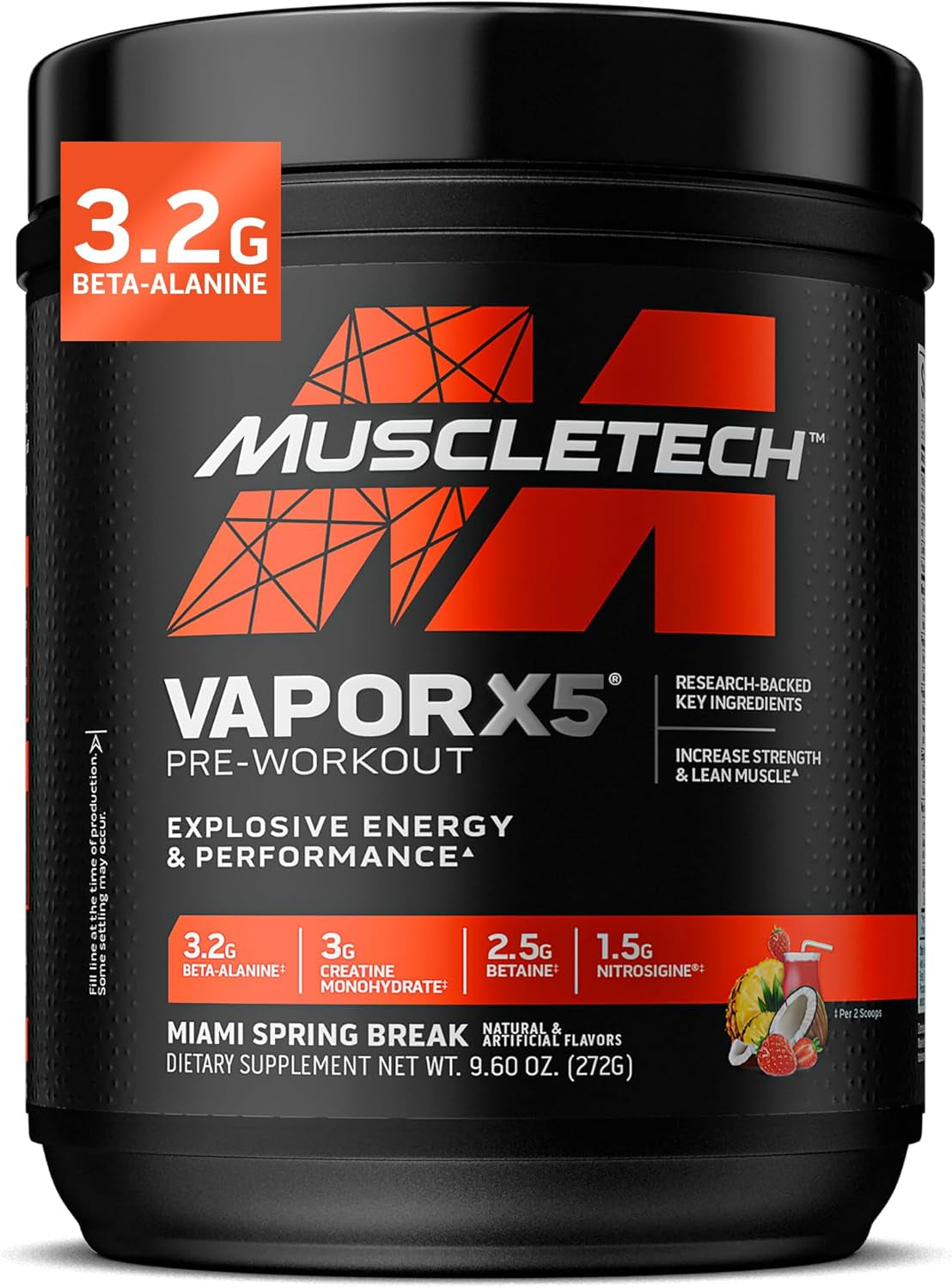 Muscletech Pre-Workout Powder, Vapor X5 - Sports Nutrition Muscle Building Supplements for Women & Men - Intense Muscle Pump Energy Powder Drink Mix - Miami Spring Break, 272G (30 Servings)