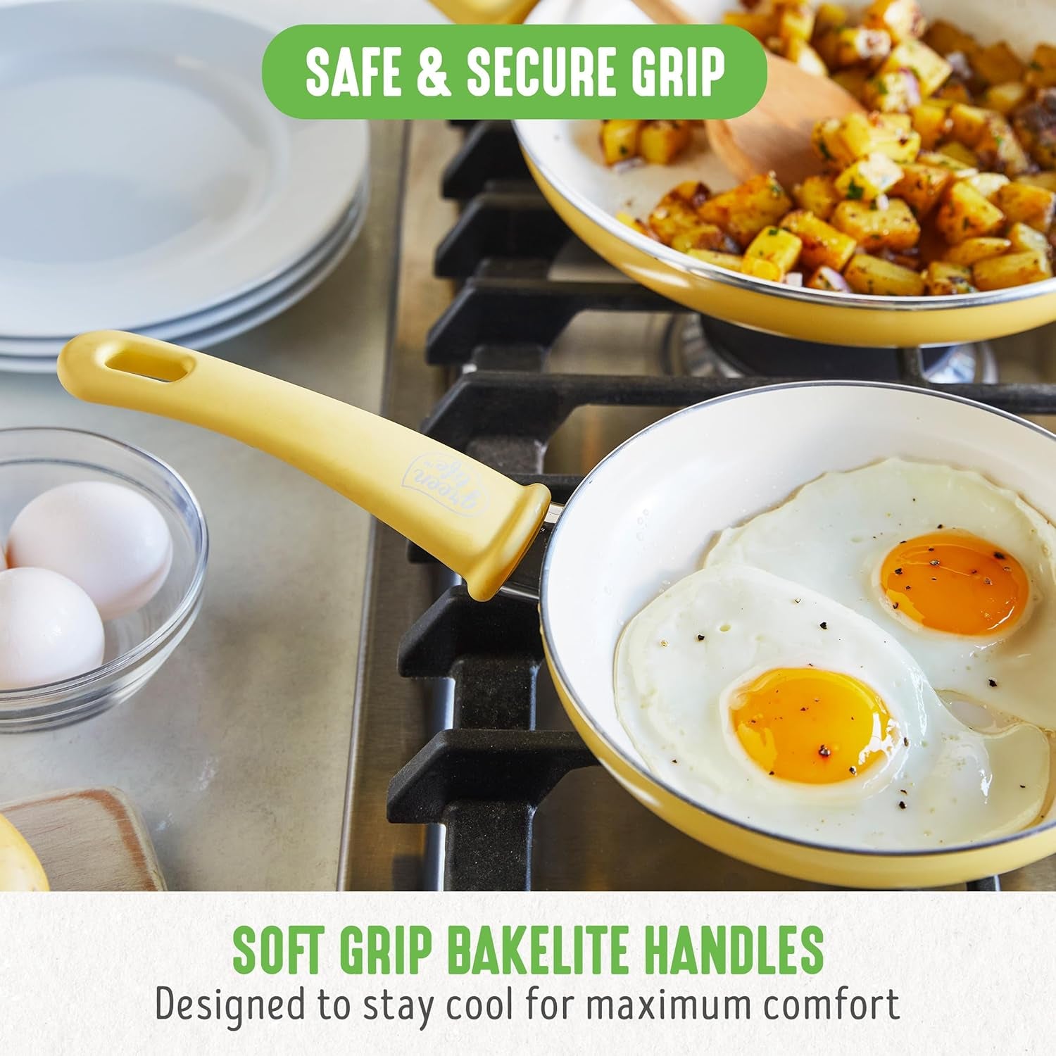 Greenlife Soft Grip Healthy Ceramic Nonstick 18 Piece Kitchen Cookware Pots and Frying Sauce Saute Pans Set, Pfas-Free with Kitchen Utensils and Lid, Dishwasher Safe, Yellow