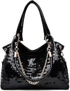 Women Patent Hobos Shiny Top-Handle Bags Chain Handbags Large Shoulder Bags for Ladies Sequin Purse