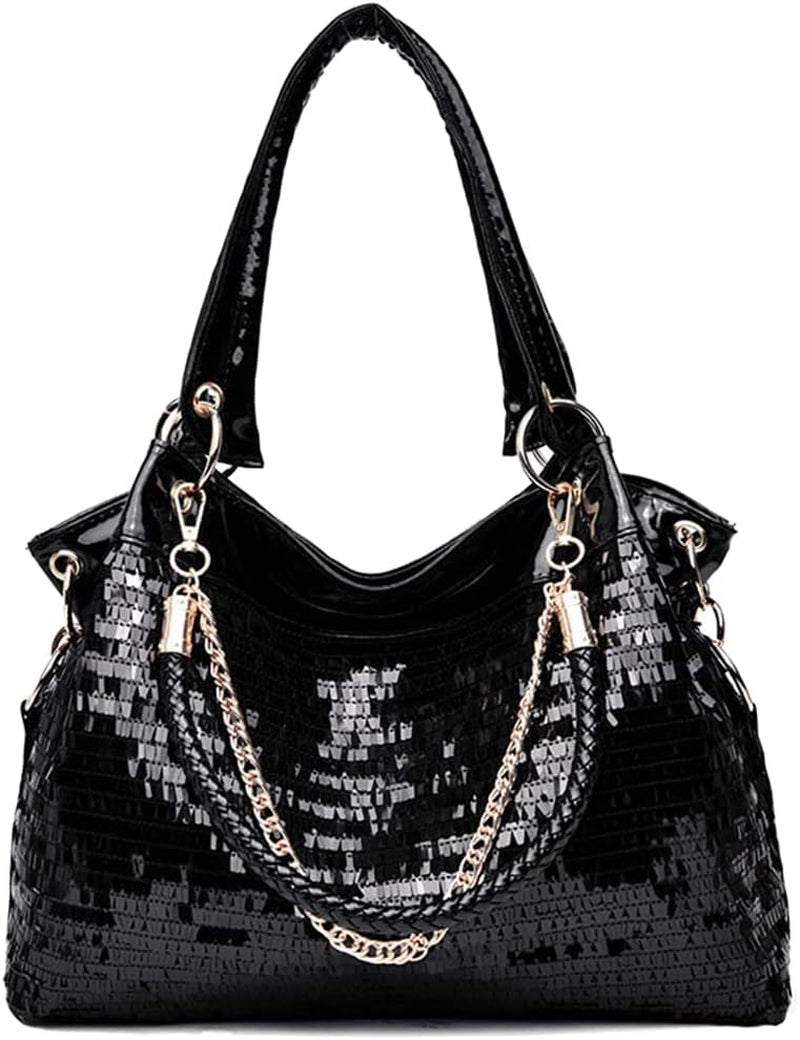 Women Patent Hobos Shiny Top-Handle Bags Chain Handbags Large Shoulder Bags for Ladies Sequin Purse