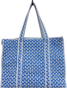 Cotton Quilted Tote Bag, Large Reversible Blue and White Print, Double Handle with Zipper