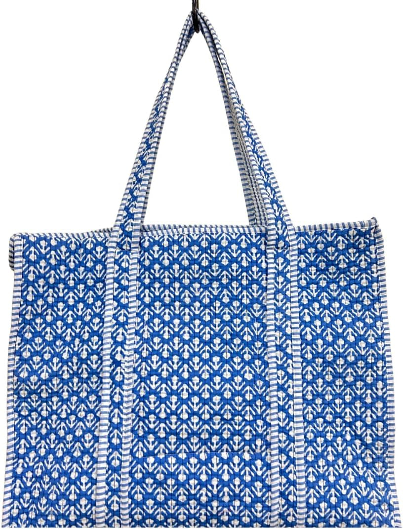 Cotton Quilted Tote Bag, Large Reversible Blue and White Print, Double Handle with Zipper