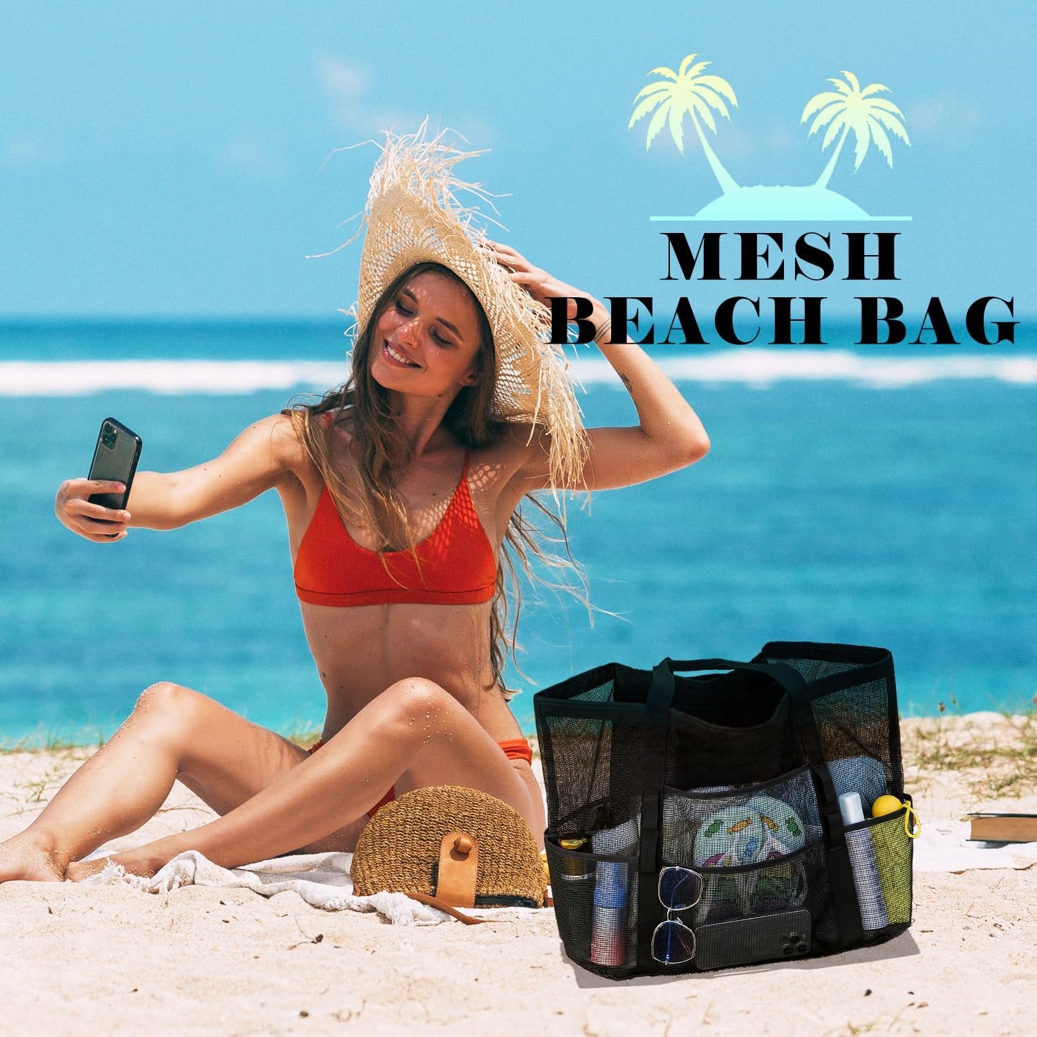 Mesh Beach Bag - Large Beach Tote Bag with Multiple Pockets for Family Beach Bag for Toys & Vacation Essentials