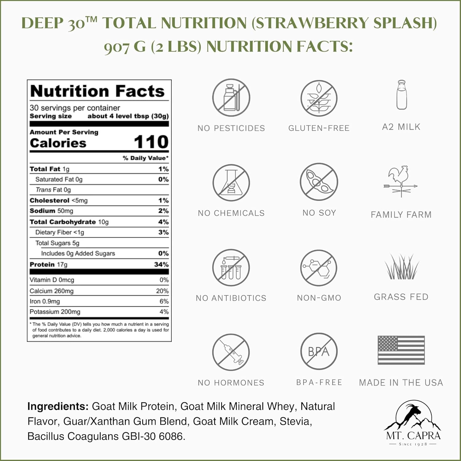 Mt. Capra Deep 30 | Meal Replacement Shake, Goat Protein Powder with Grass-Fed Whey Protein, Casein Protein, Minerals, and BC-30 Probiotics | Strawberry Splash | 30 Servings - 2 Pounds