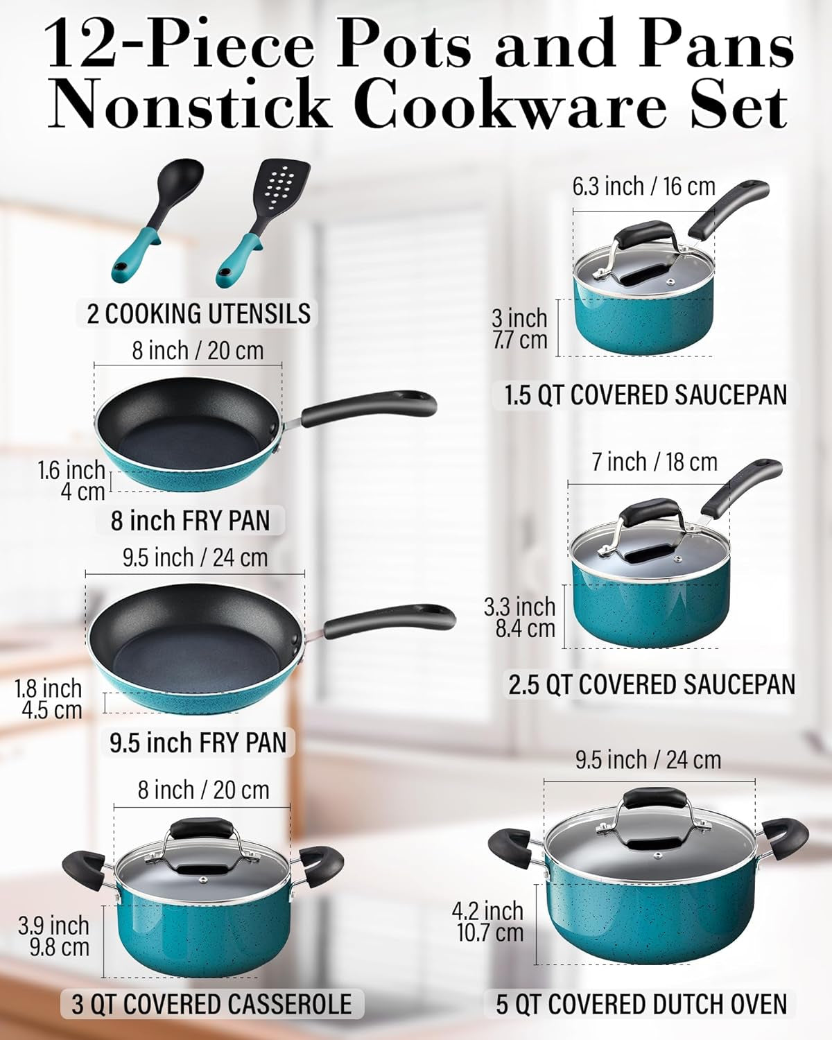 Cook N Home Pots and Pans Nonstick Cookware Set 12-Piece, Kitchen Cooking Set with Frying Pans and Saucepans, Induction Compatible, Turquoise