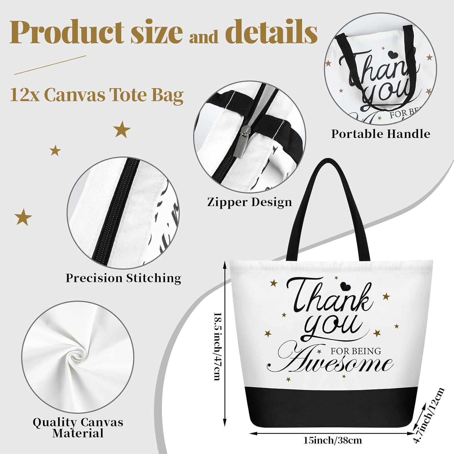 24PCS Thank You Canvas Tote Bags with Handles Zipper Employee Inspirational Makeup Bags for Employee Appreciation Gifts Women Aesthetic Canvas Bag Inspired Gift for Team Staff Teacher Coworkers Office
