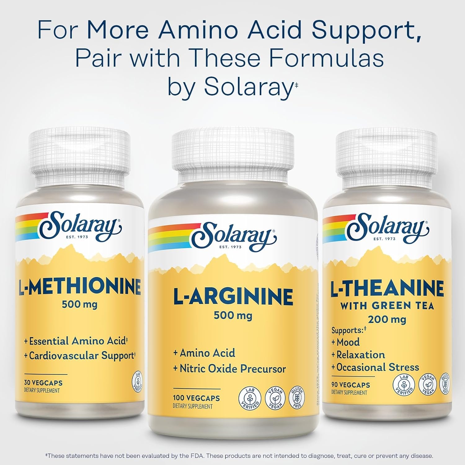 SOLARAY L-Arginine 500 Mg, Nitric Oxide Supplement, Endurance, Energy, Heart Health Support, 100 Servings, 100 Vegcaps