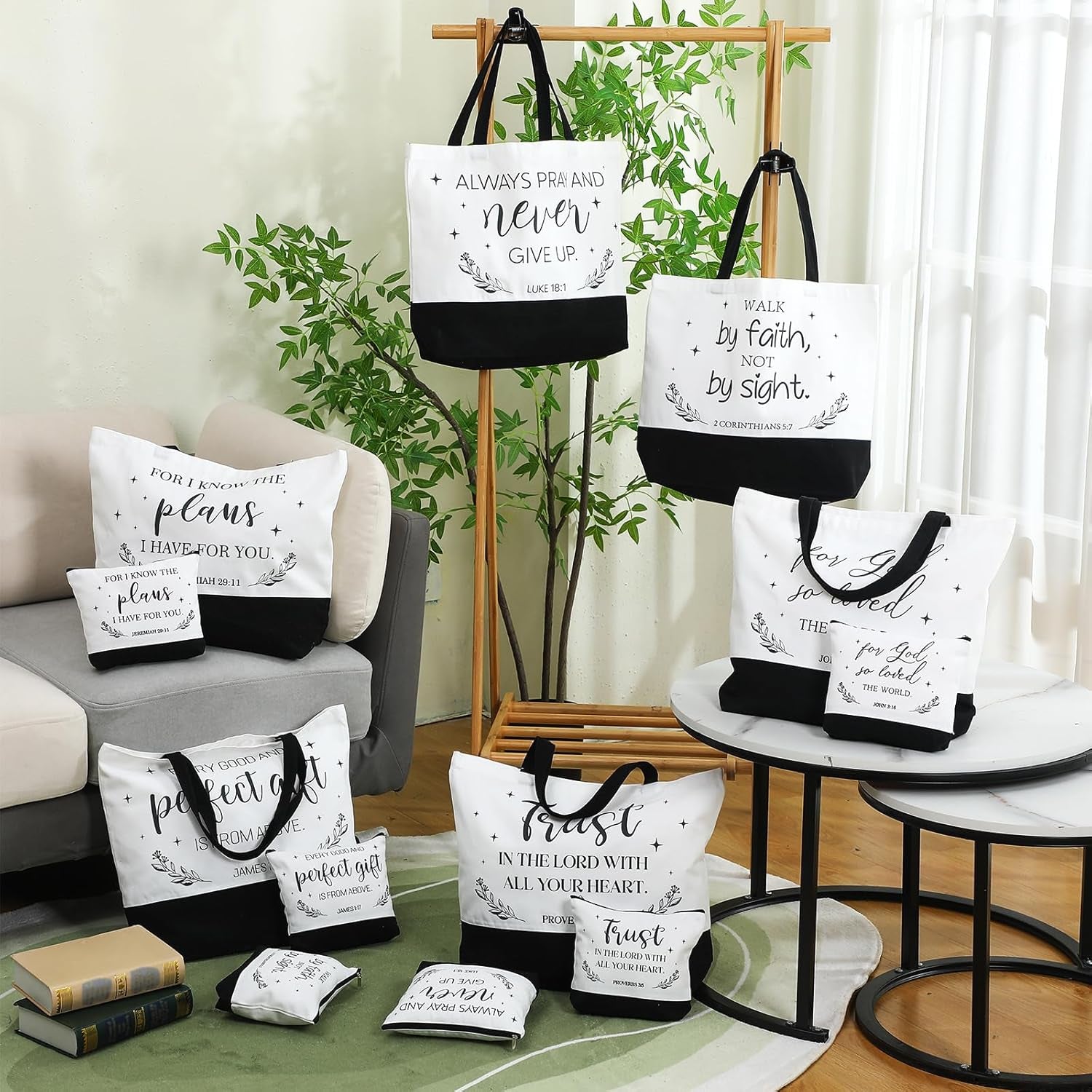 12 Pcs Christian Canvas Tote Bags with Religious Makeup Bags for Women Inspirational Gifts for Xmas Women Mothers Church Teacher Birthday