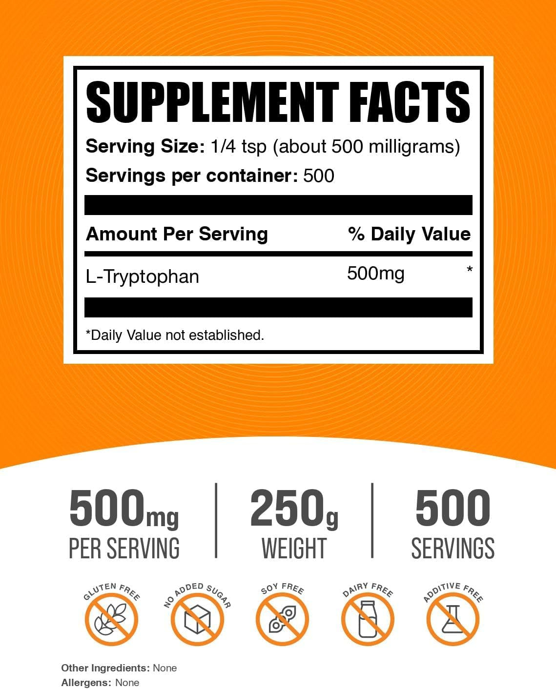 Bulksupplements.Com L-Tryptophan Powder - Tryptophan Supplement, Amino Acid Supplement - Gluten Free, 500Mg per Serving, 250G (8.8 Oz) (Pack of 1)