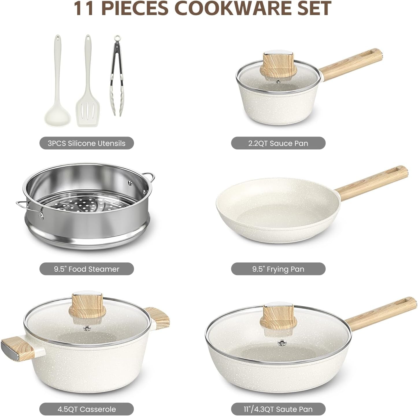 Pots and Pans Set Nonstick, 11 PCS Kitchen Cookware Sets, White Granite Induction Cooking Set with Frying Pans, Saucepans, Steamer Silicone Shovel Spoon & Tongs, Dishwasher Safe (PFOS, PFOA Free)