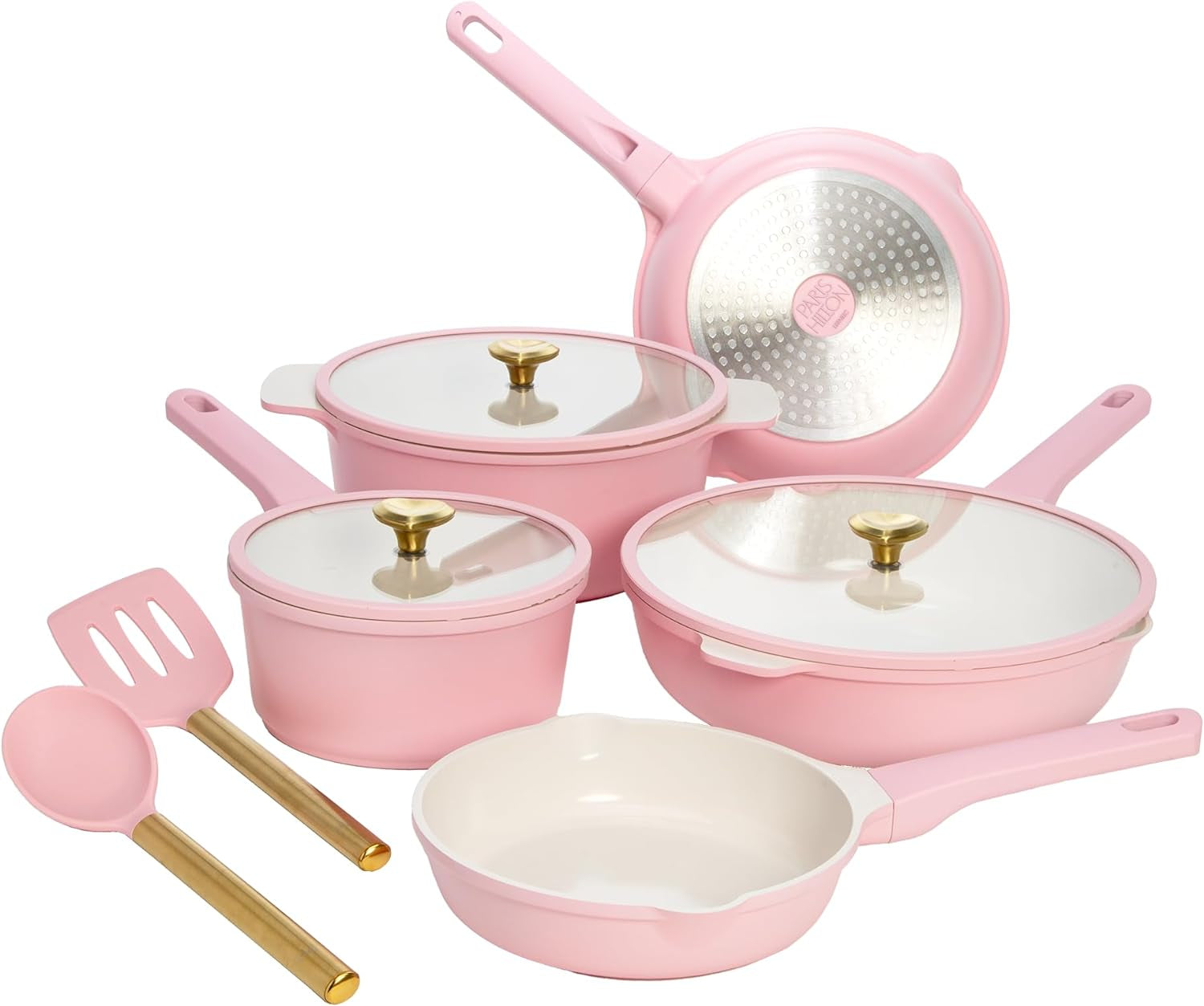 Paris Hilton Ceramic Nonstick Cookware Set, Cast Aluminum with Dual Layer Nonstick Coating, Gold Heart Knobs, Stay-Cool Handles, Made without PFAS, PFOA, PFOS & PTFE, Dishwasher Safe, 10-Piece, Pink