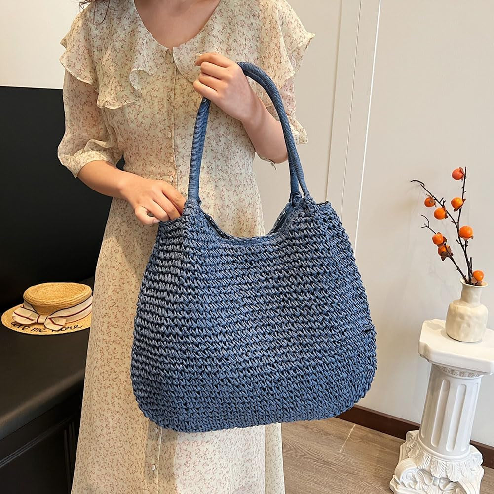 Women Straw Vintage Shoulder Tote Handbag Large Capacity Crochet Beach Travel Tote Handbag Hasp Closure Simple Weaving