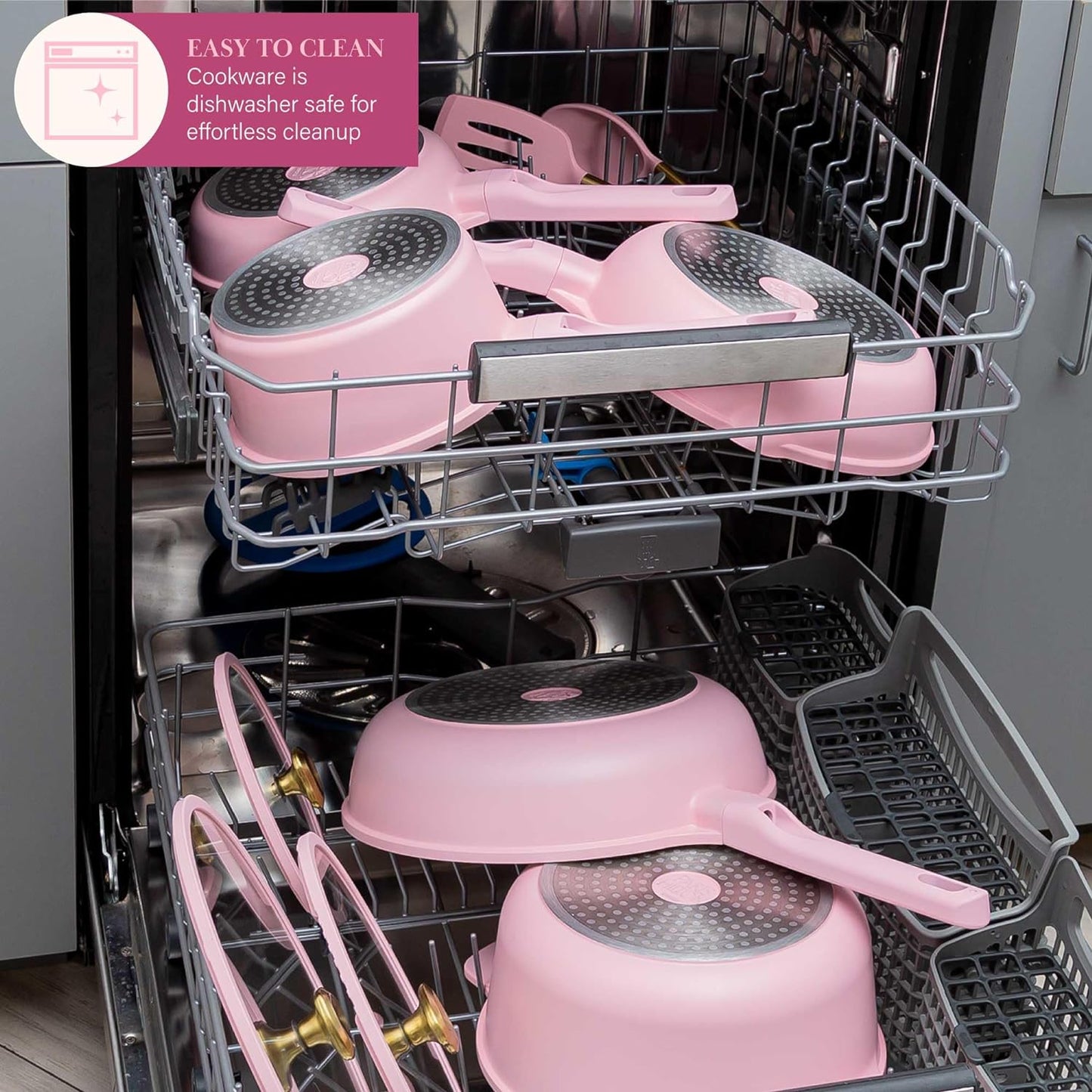 Paris Hilton Ceramic Nonstick Cookware Set, Cast Aluminum with Dual Layer Nonstick Coating, Gold Heart Knobs, Stay-Cool Handles, Made without PFAS, PFOA, PFOS & PTFE, Dishwasher Safe, 10-Piece, Pink