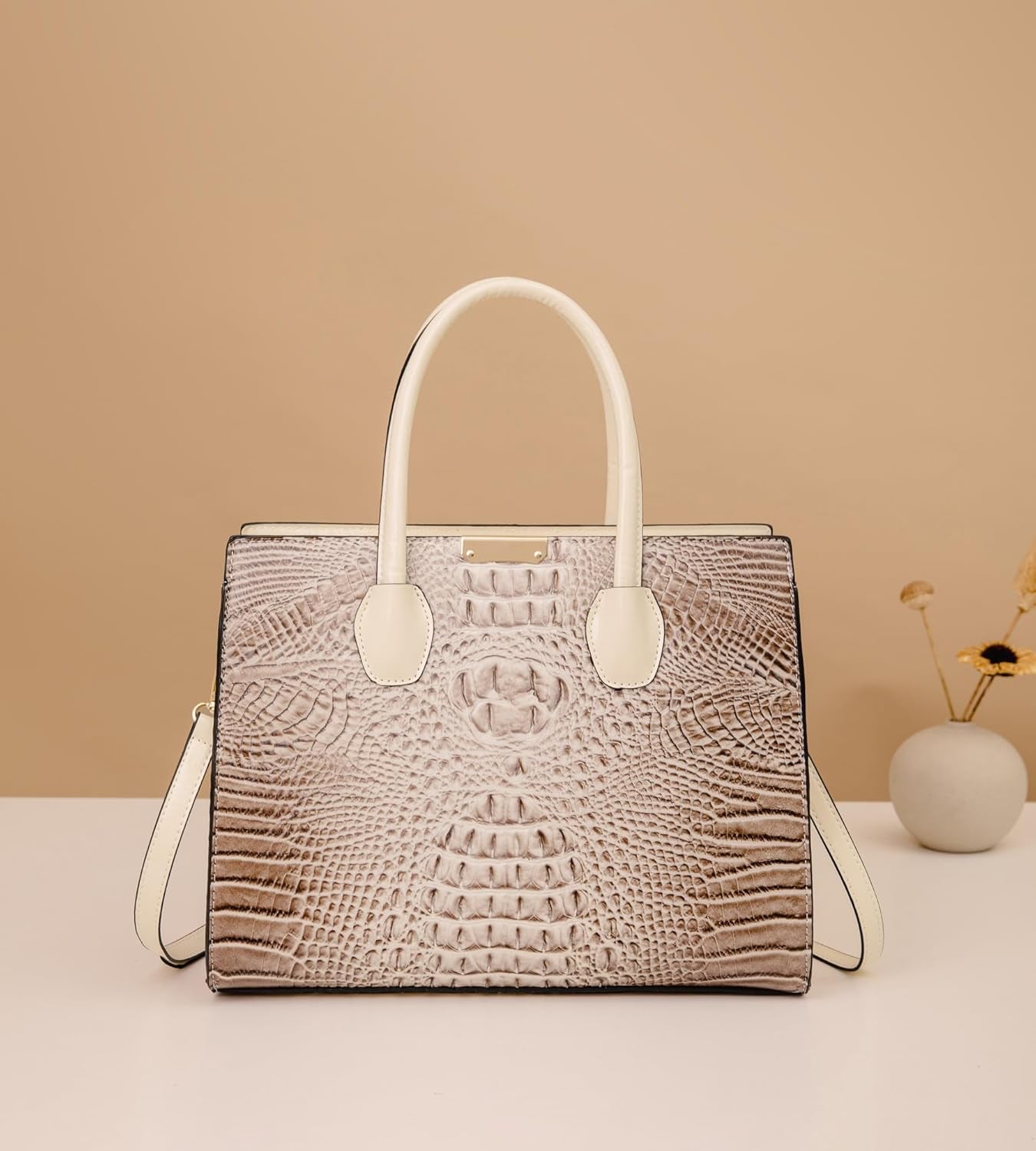 Women'S 3-Piece Crocodile Pattern Handbag Set, Large Capacity Tote with Wallet and Coin Purse, Brown