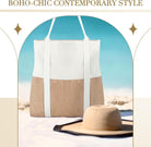 2 Pcs Large Beach Tote Bag Travel Tote Hat Bag for Women with Sun Hat Holder Strap Boho Summer Beach