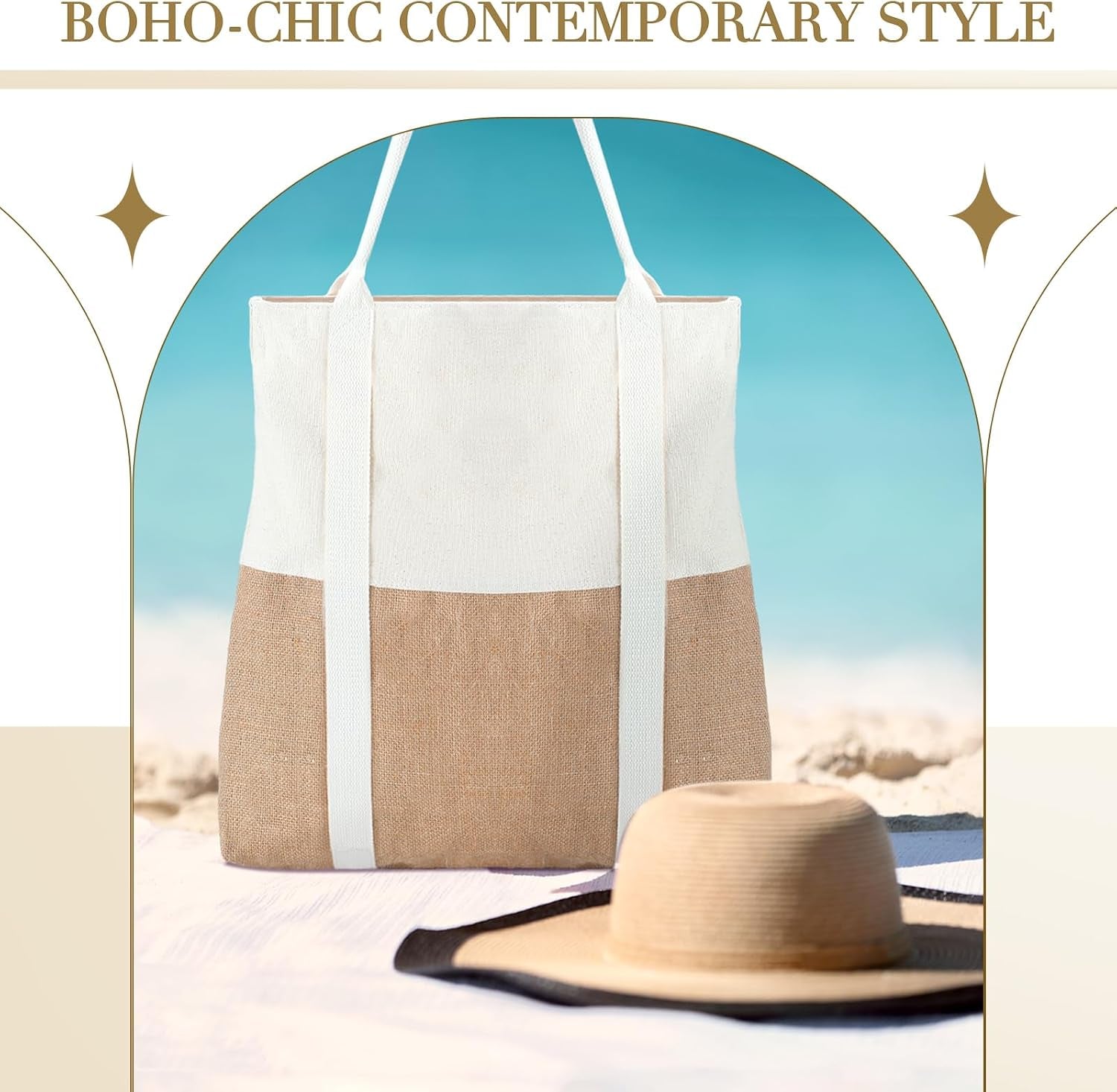 2 Pcs Large Beach Tote Bag Travel Tote Hat Bag for Women with Sun Hat Holder Strap Boho Summer Beach