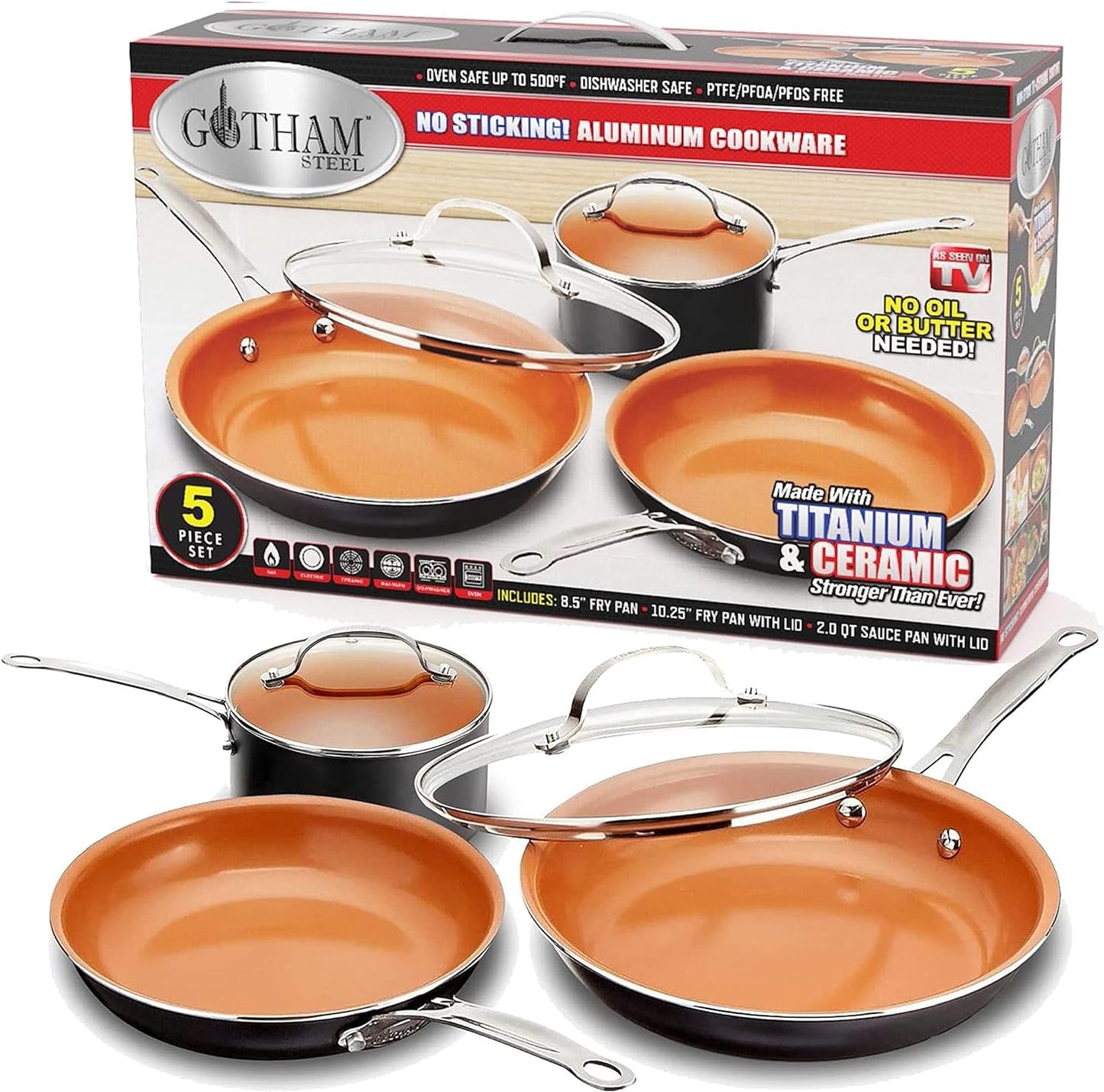 GOTHAM STEEL 5 Piece Kitchen Essentials Cookware Set with Ultra Nonstick Copper Surface Dishwasher Safe, Cool Touch Handles- Includes Fry Pans, Stock Pot, and Glass Lids, Original,Graphite