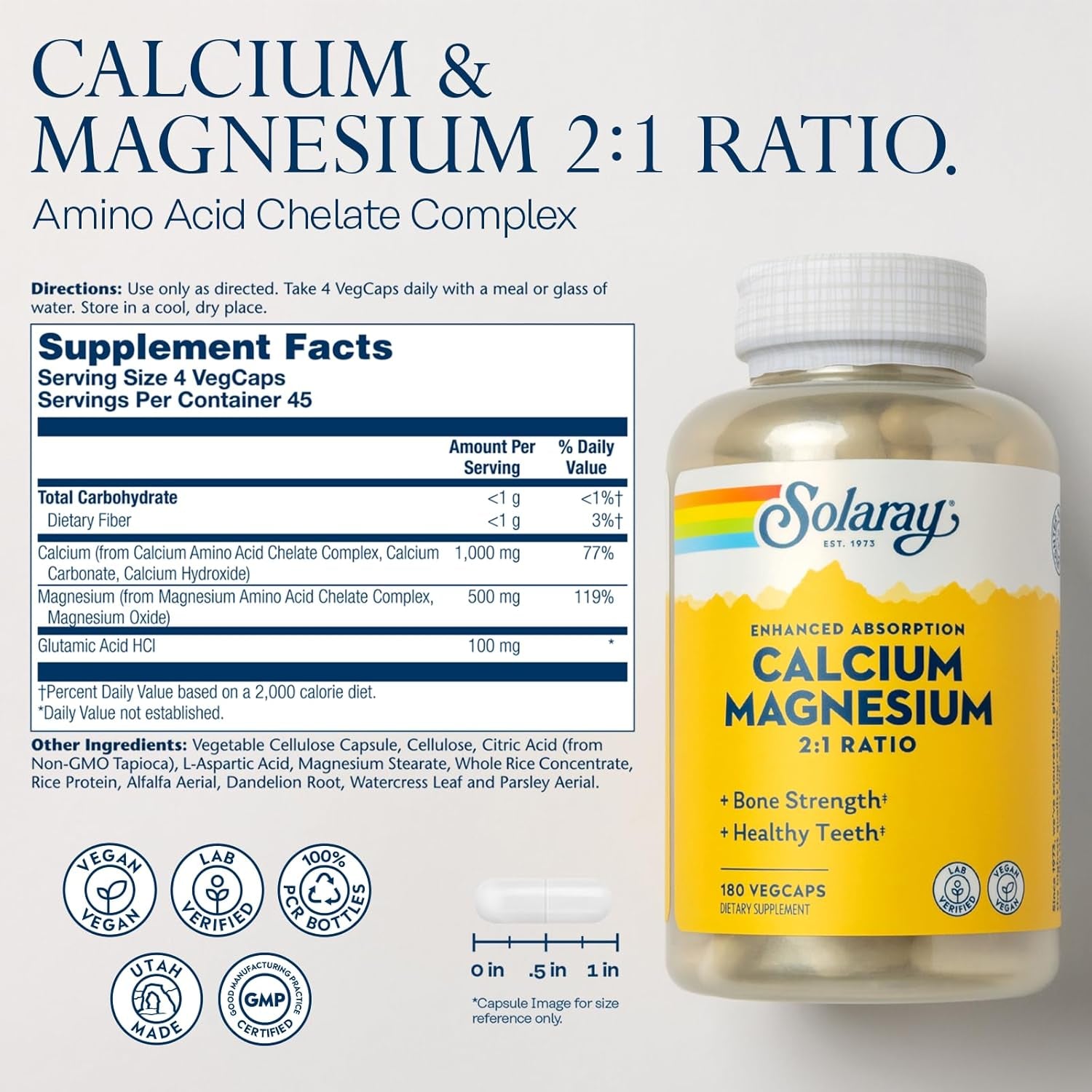 SOLARAY Calcium Magnesium Supplement, Magnesium & Calcium Supplements for Women and Men, 2:1 Ratio, Bone Health & Strength, Vegan, High Absorption, 60-Day Guarantee, 45 Servings, 180 Vegcaps