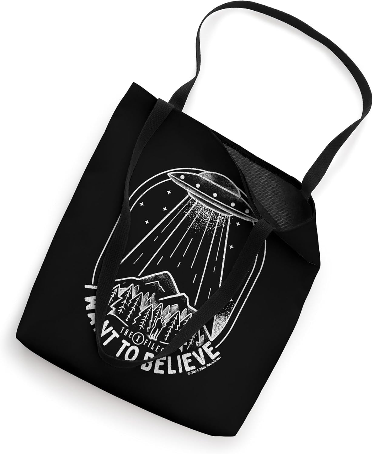 X-Files I Want to Believe UFO over the Woods Line Art Tote Bag