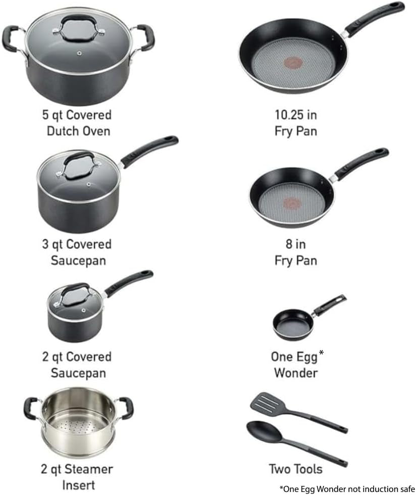 T-Fal Experience Nonstick Cookware Set 12 Piece, Induction, Oven Broiler Safe 350F, Kitchen Cooking Set W/ Fry Pans, Saucepan, Stockpot, Kitchen Utensils, Pots and Pans, Dishwasher Safe, Black