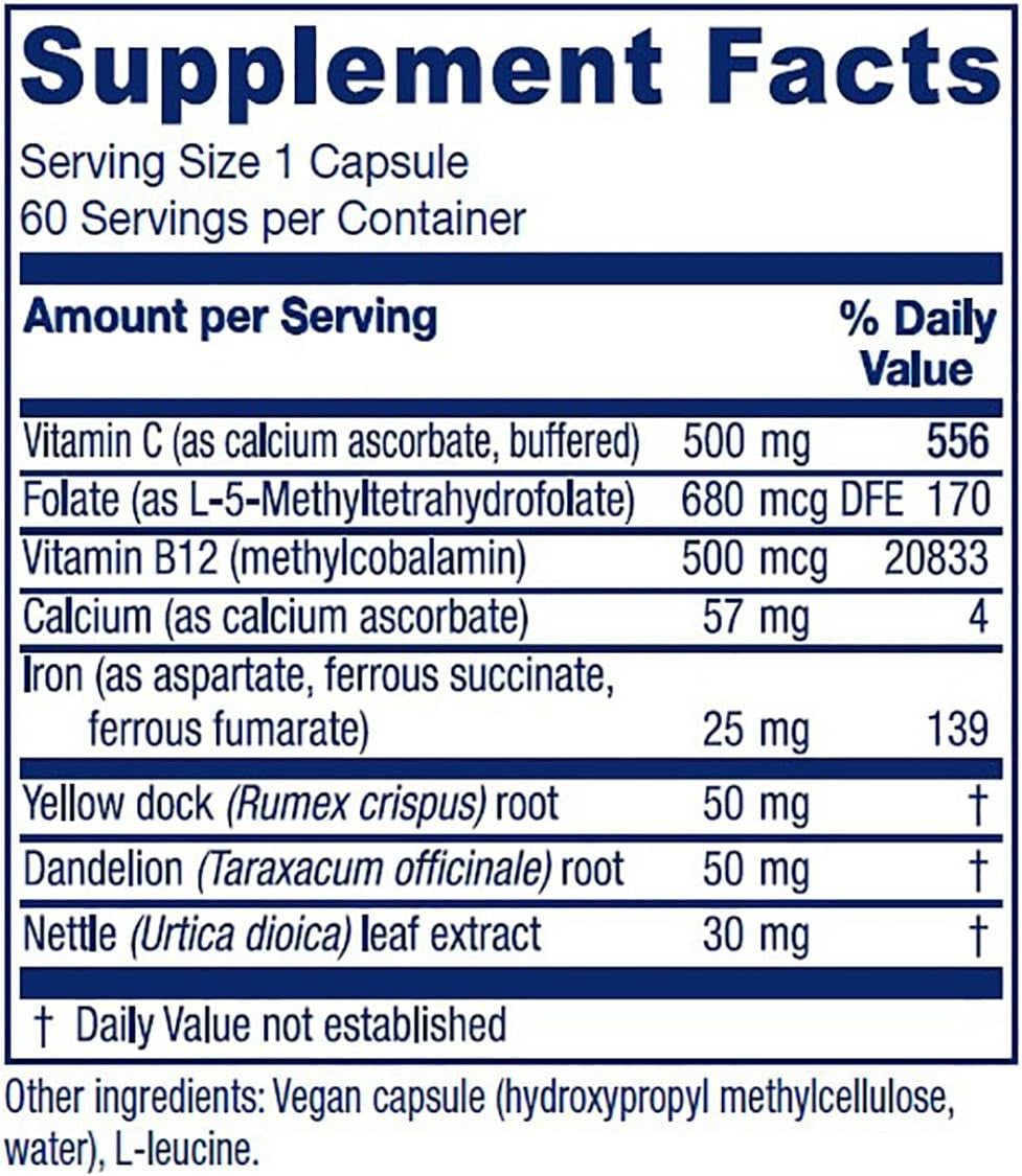 Vitanica Iron Extra, Iron Supplement Enhanced Absorption with Vitamin C 500Mg, Methylfolate 400Mcg, B12 Vitamin 500Mcg, Calcium, Yellow Dock, Dandelion Root & Nettle Leaf Extract, Vegan, 60 Capsules